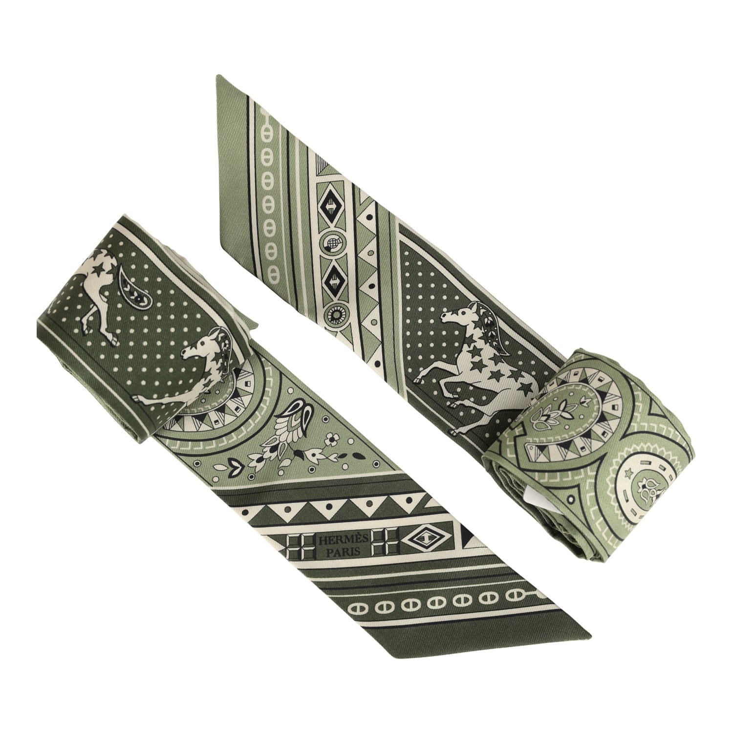 Hermes Cheval De Coeur Bandana Loden, Kaki and Creme Multi Silk Twilly Pair