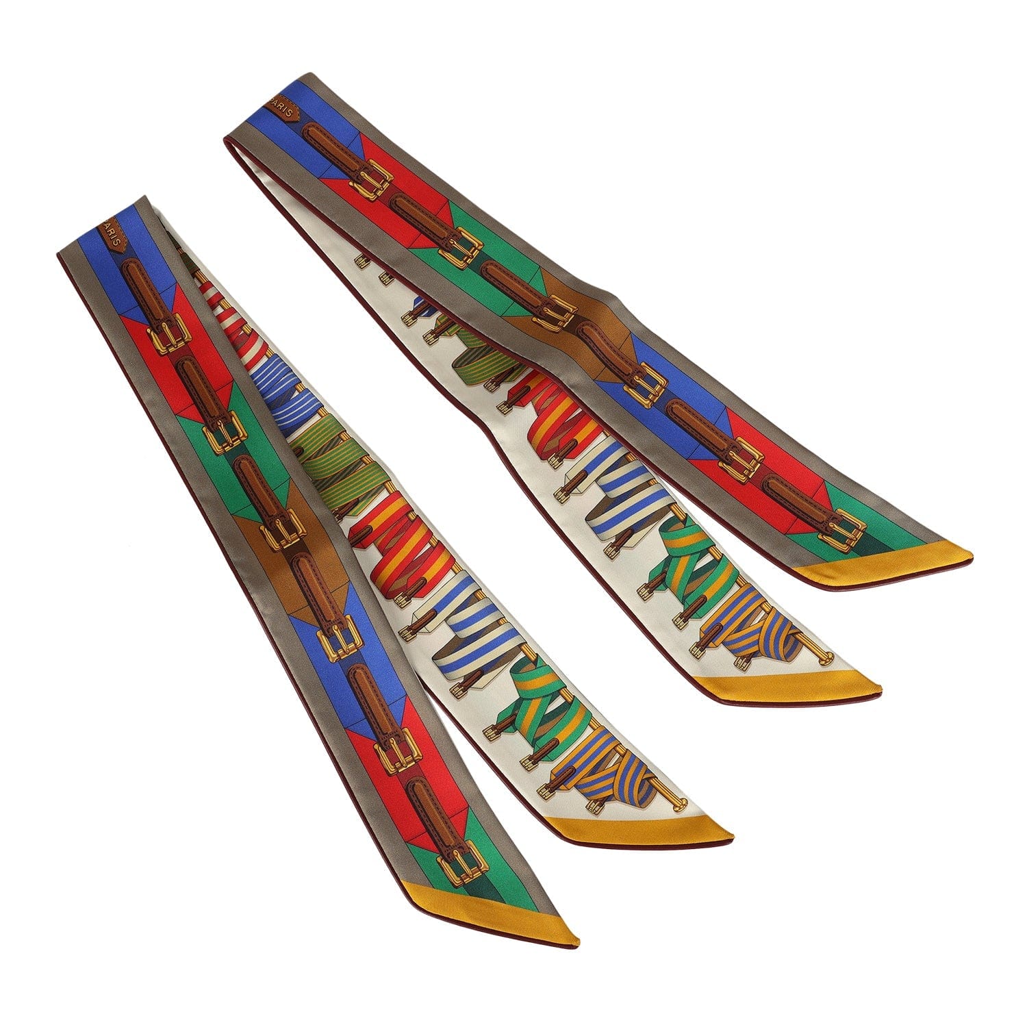 Hermes Les Sangles Forever Vert, Miel and Rouge Multi Silk Twilly Pair