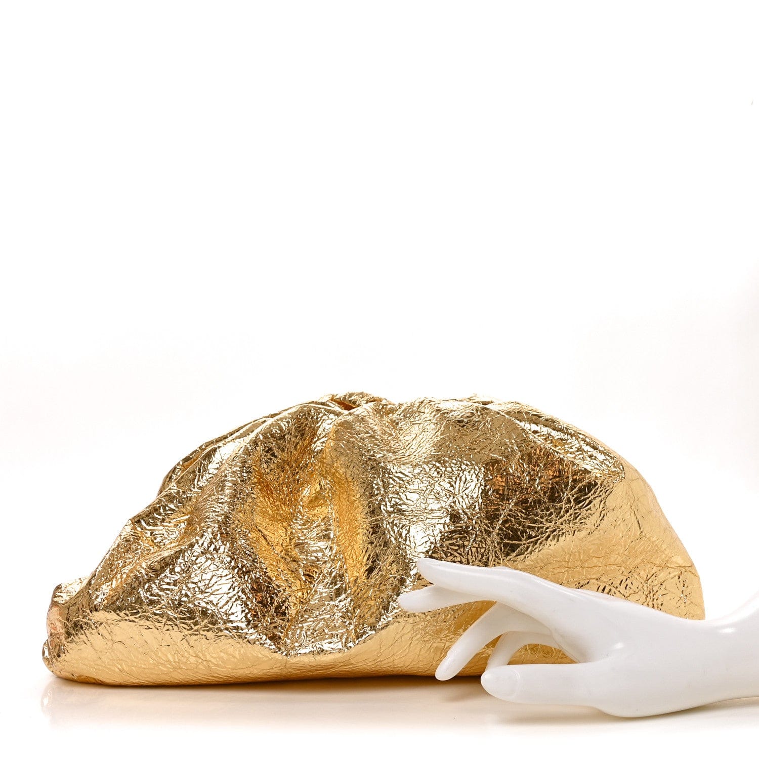 Bottega Veneta Metallic Crinkled Lambskin The Pouch Oversized Clutch Oro