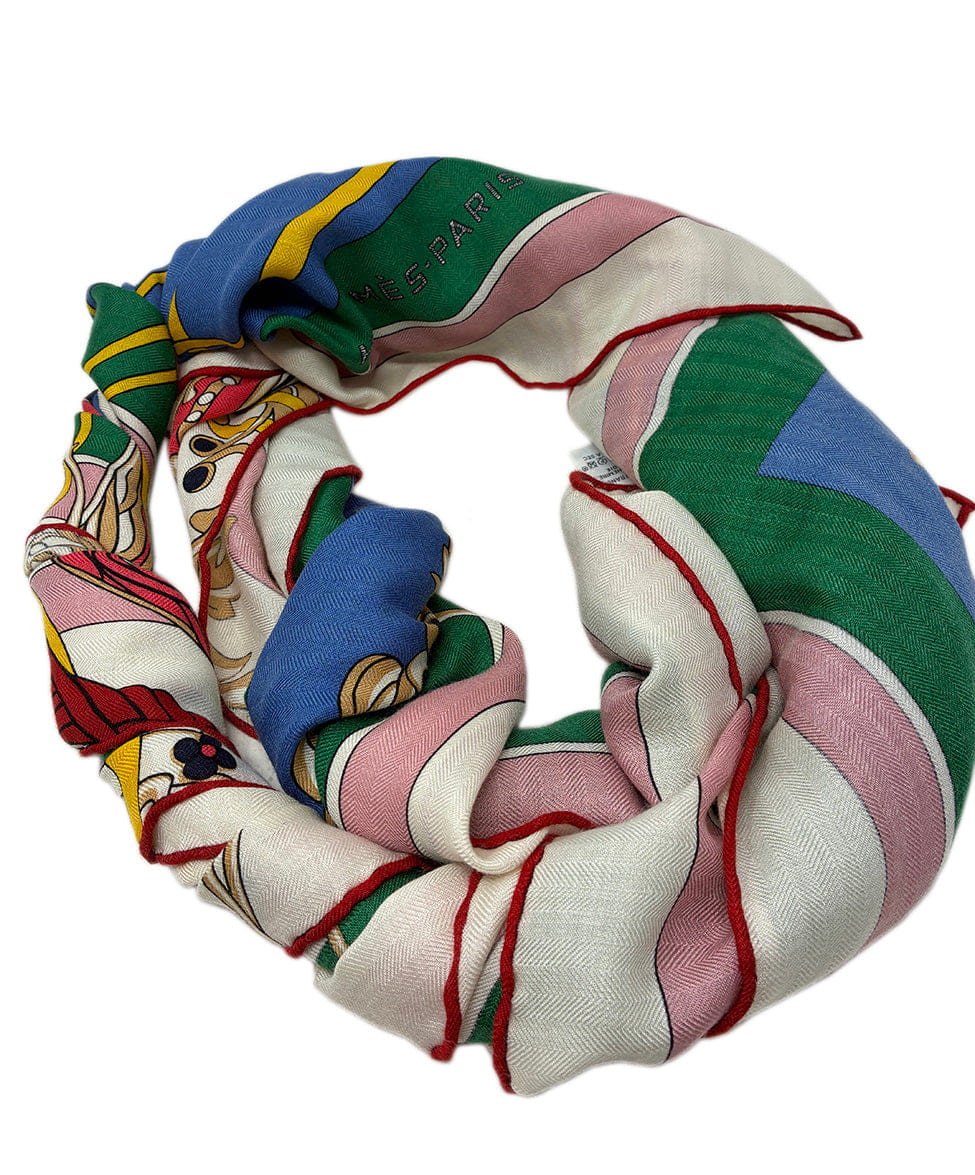 Hermes Red Blue Yellow Green Silk Cashmere Shawl