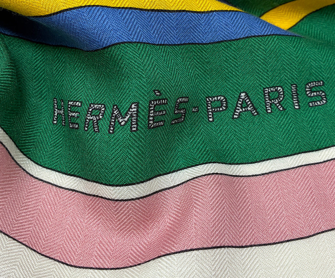 Hermes Red Blue Yellow Green Silk Cashmere Shawl