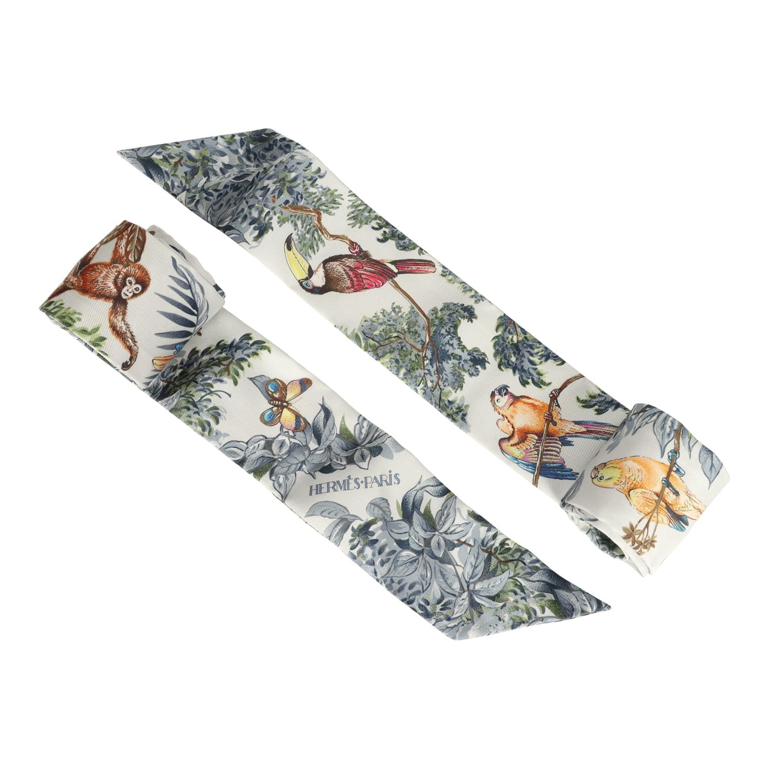 Hermes Equateur Gris Perle, Jaune, Vert Silk Twilly Pair