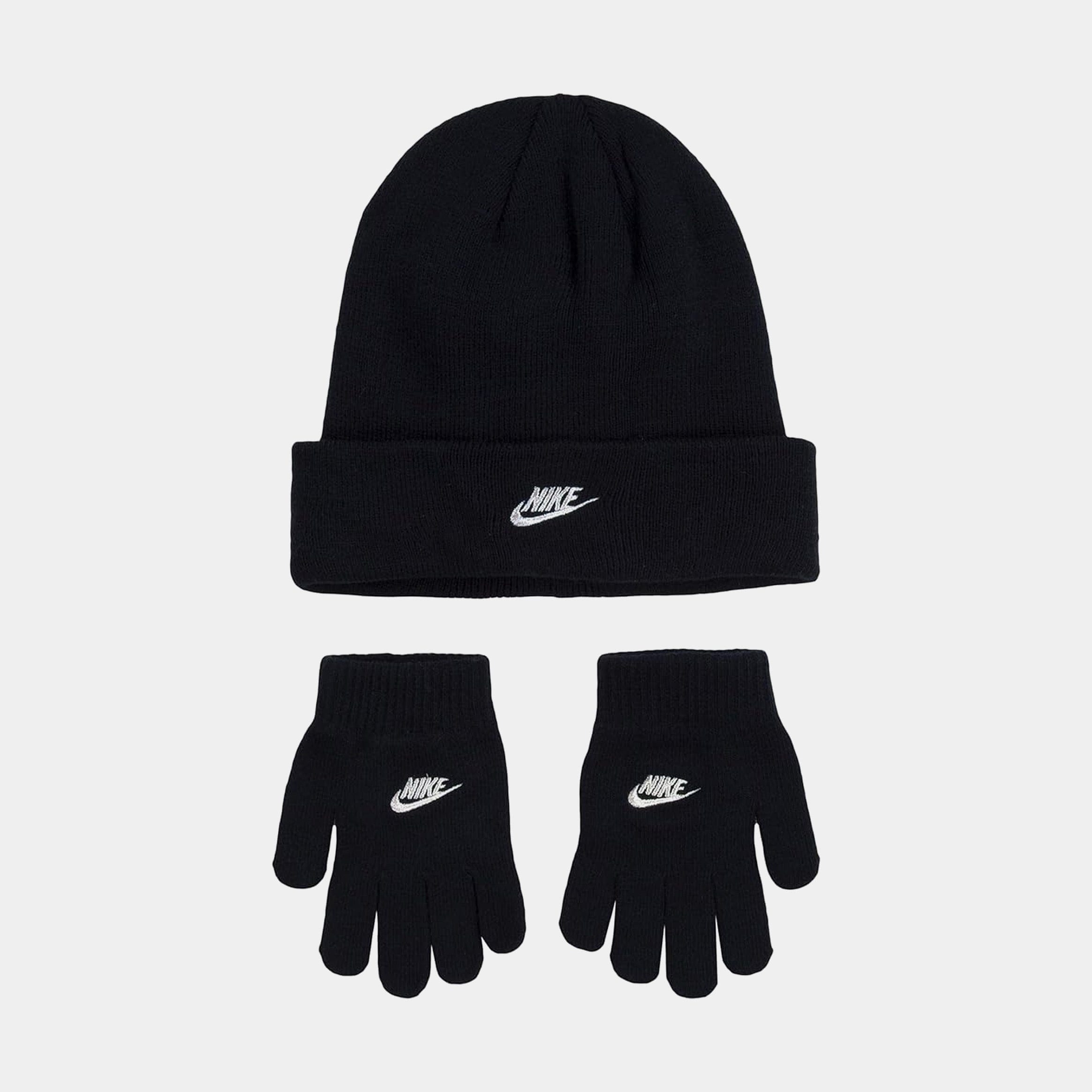 Nike Futura Beanie and Glove Two Piece Grade School Set (Black/White)
