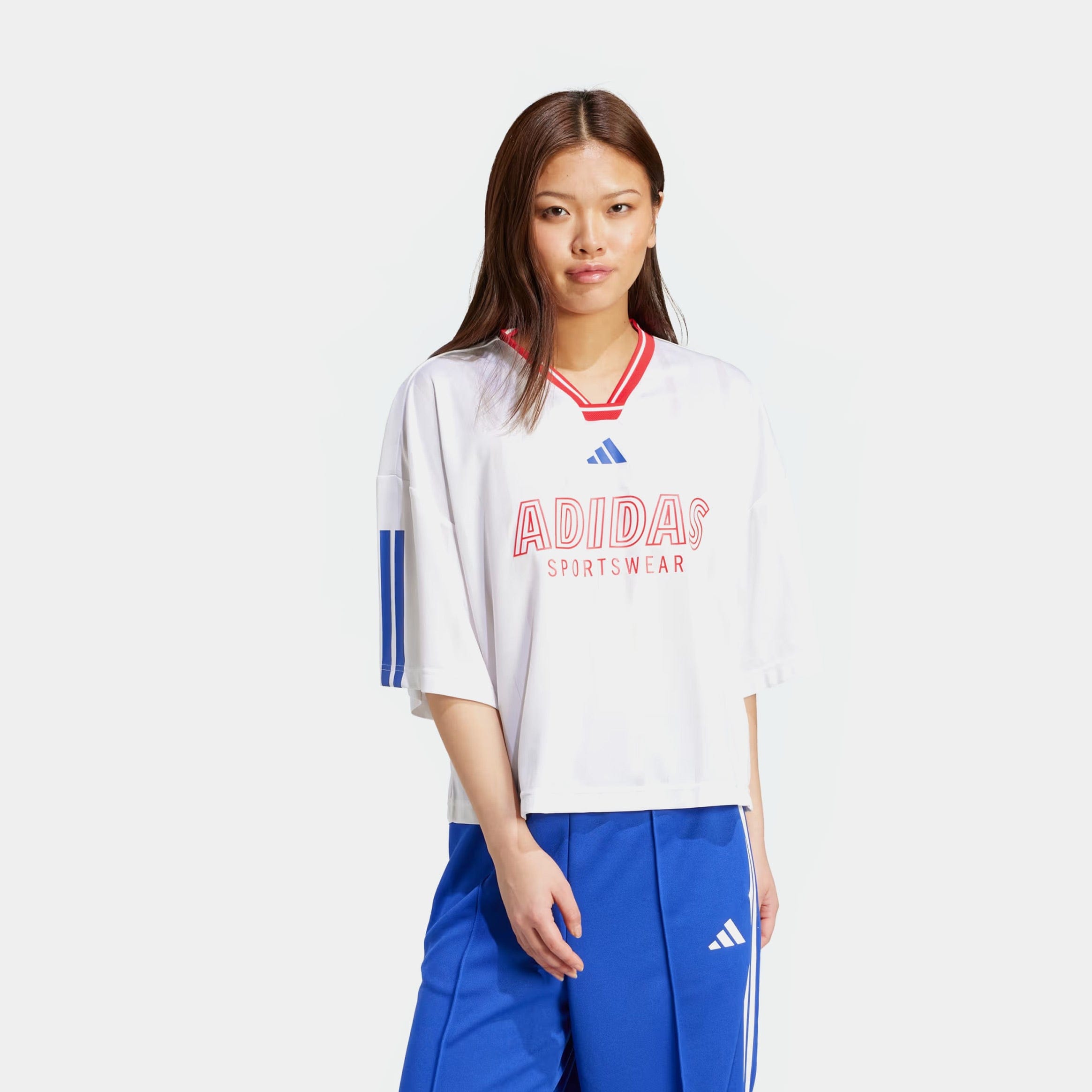 adidas Tiro Nations Boyfriend Womens Short Sleeve Shirt (White/Pure Ruby/Semi Lucid Blue)