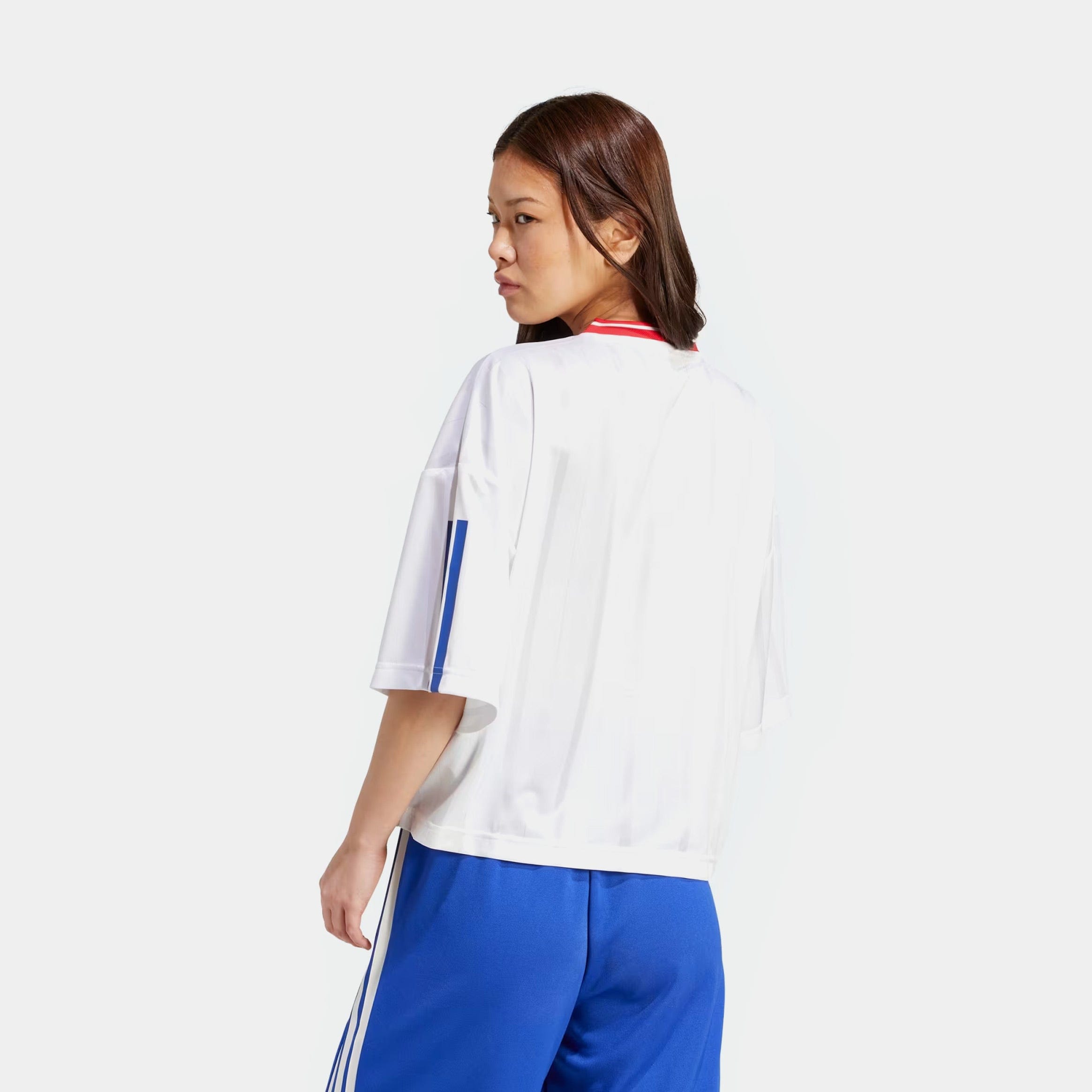 adidas Tiro Nations Boyfriend Womens Short Sleeve Shirt (White/Pure Ruby/Semi Lucid Blue)