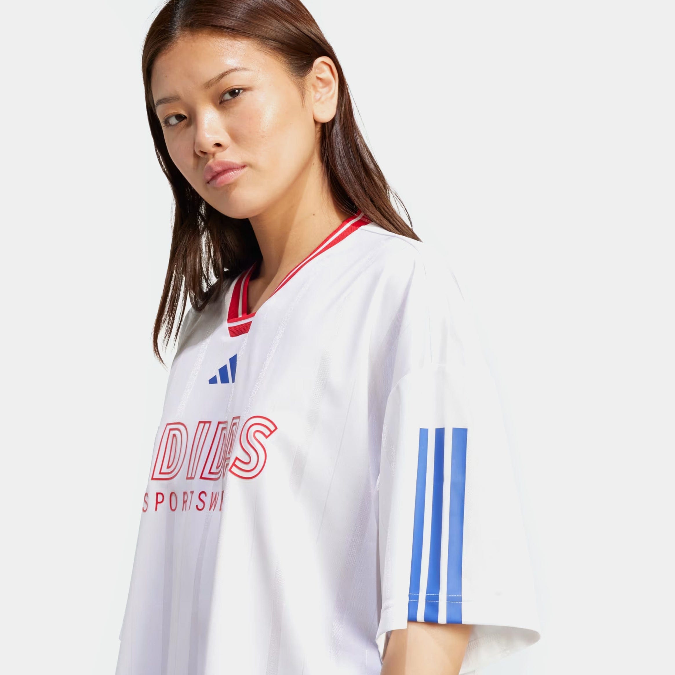 adidas Tiro Nations Boyfriend Womens Short Sleeve Shirt (White/Pure Ruby/Semi Lucid Blue)