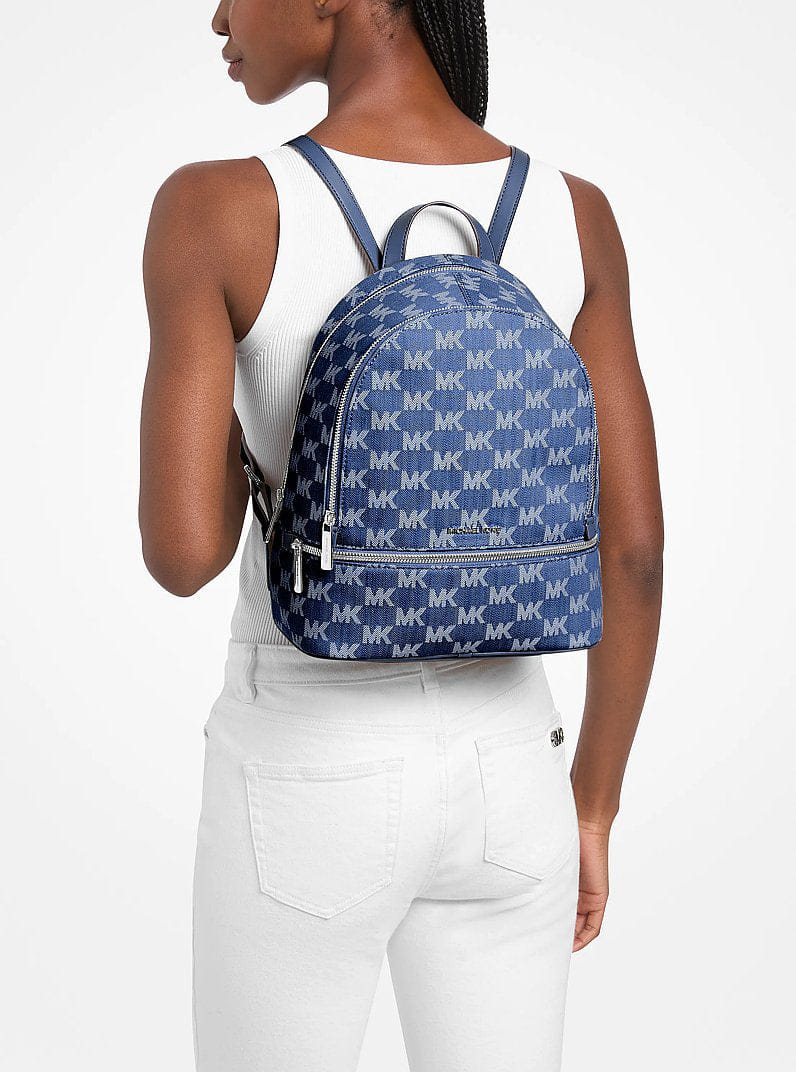 Michael Kors Rhea Medium Logo Jacquard Denim Backpack Denim