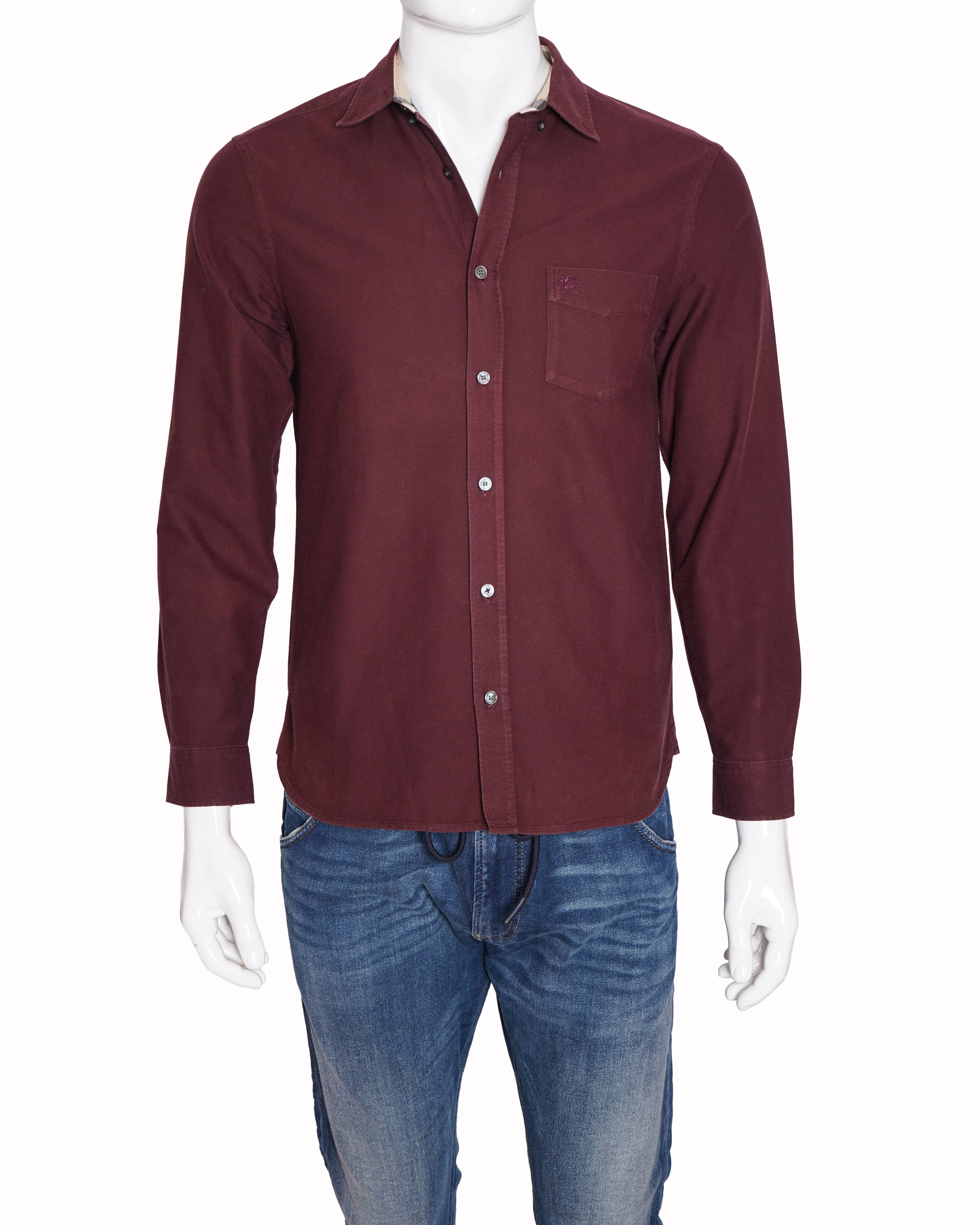 Burberry Burgundy Long - Sleeve Cotton Shirt with House Check Trim