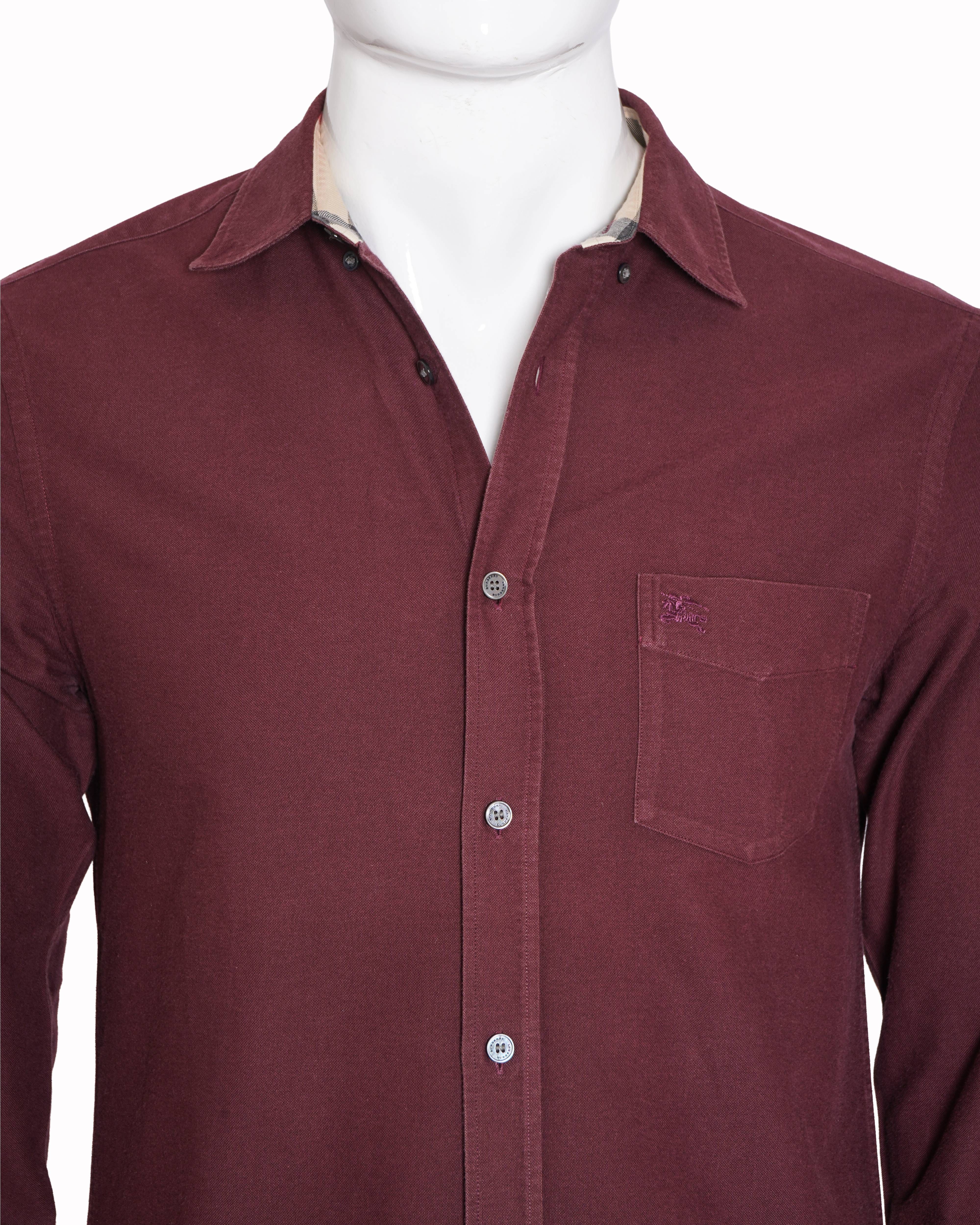 Burberry Burgundy Long - Sleeve Cotton Shirt with House Check Trim