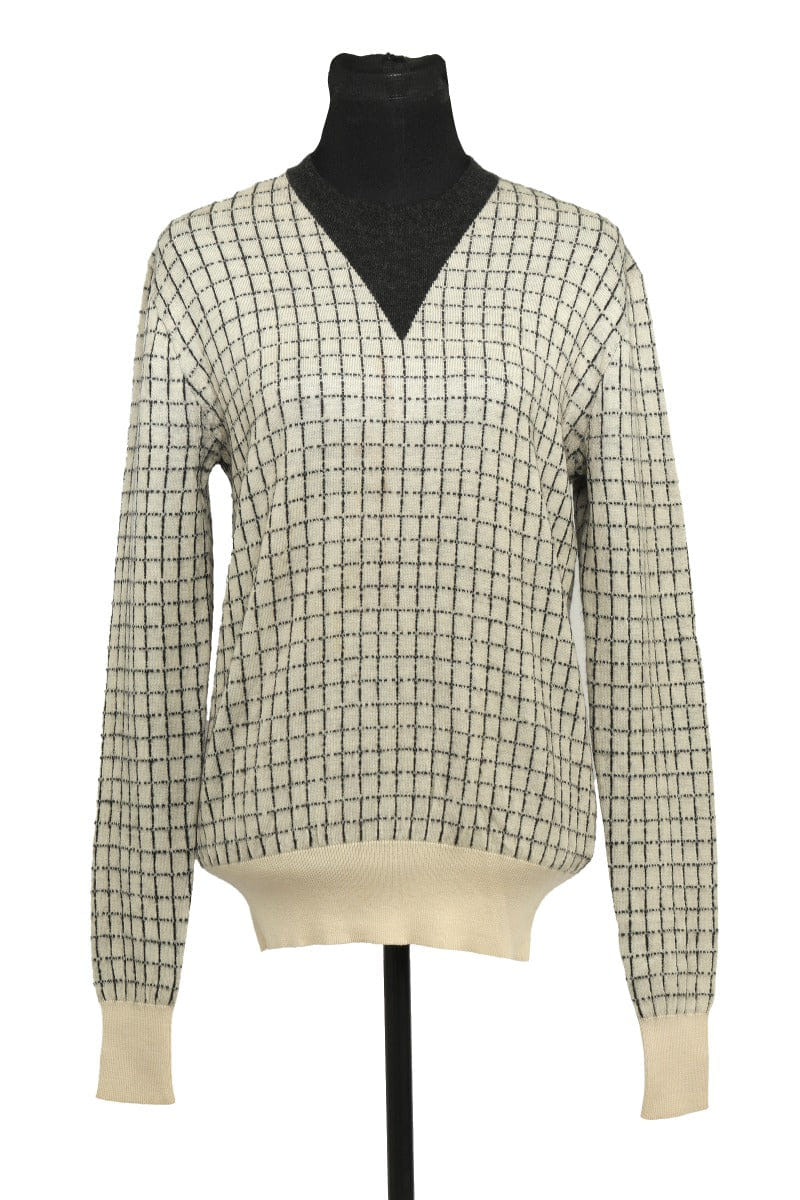 Burberry Size L Plaid V - Neck White Merino Wool & Cashmere Sweater