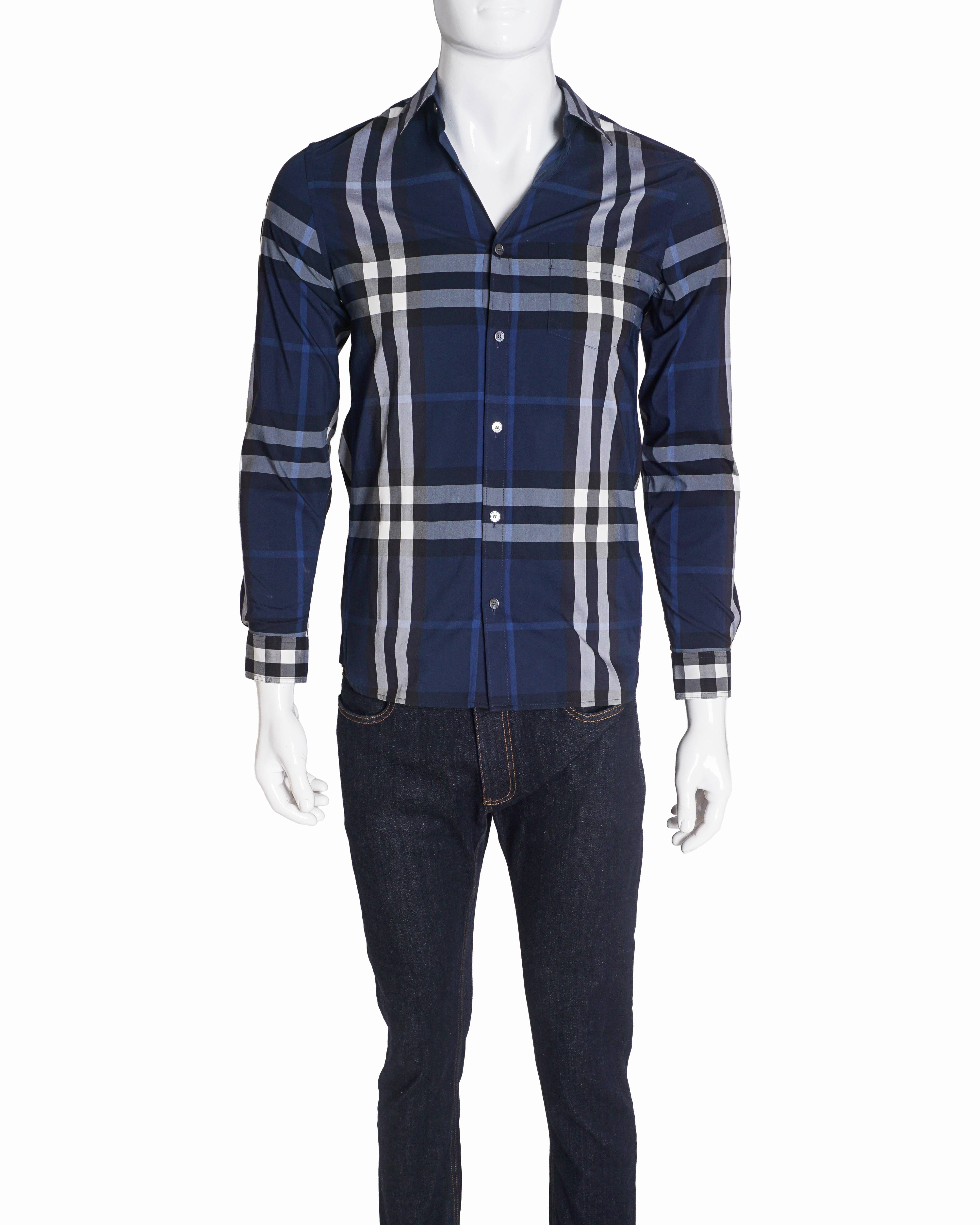 Burberry Men's Navy Blue & Grey Check Cotton Shirt