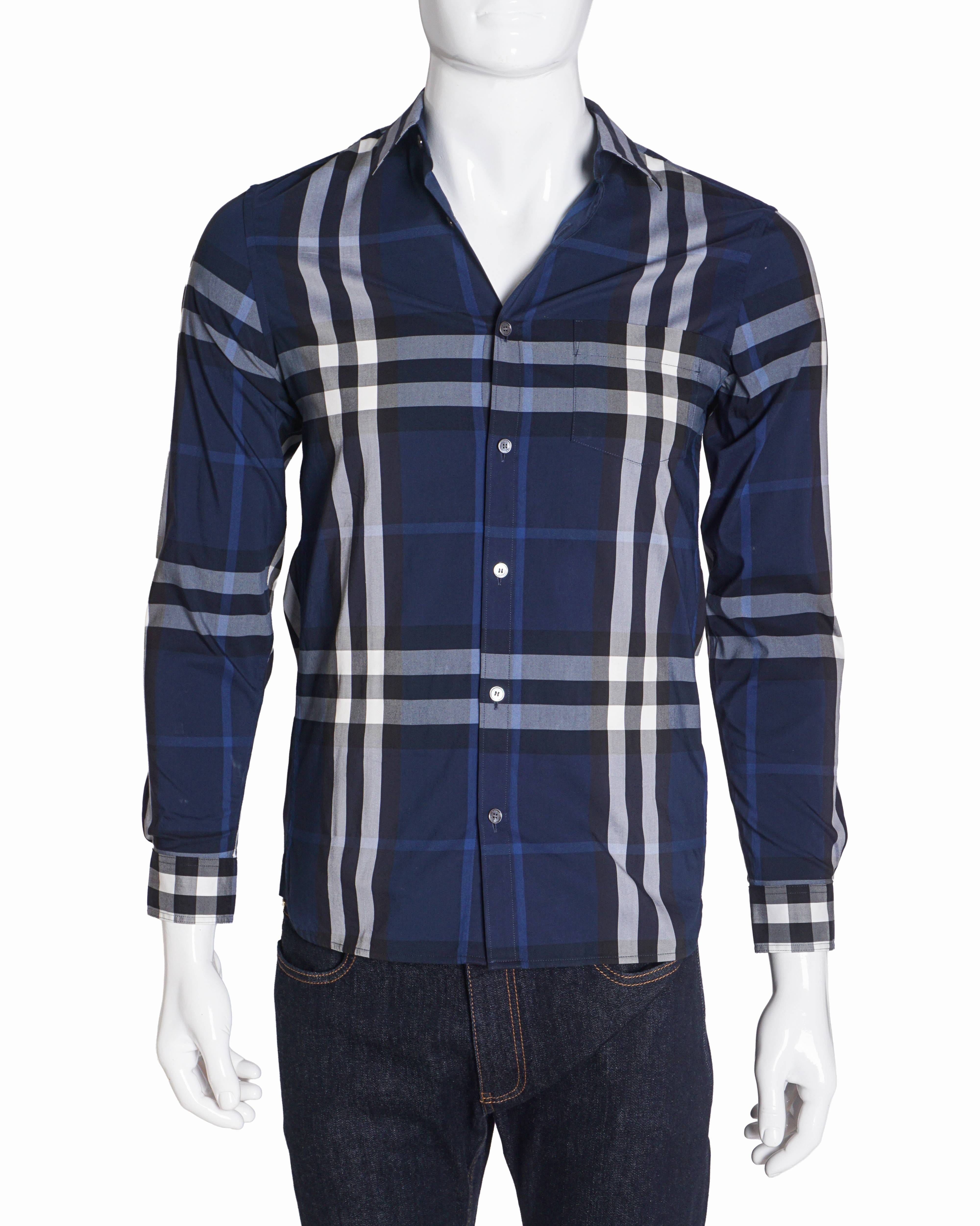 Burberry Men's Navy Blue & Grey Check Cotton Shirt