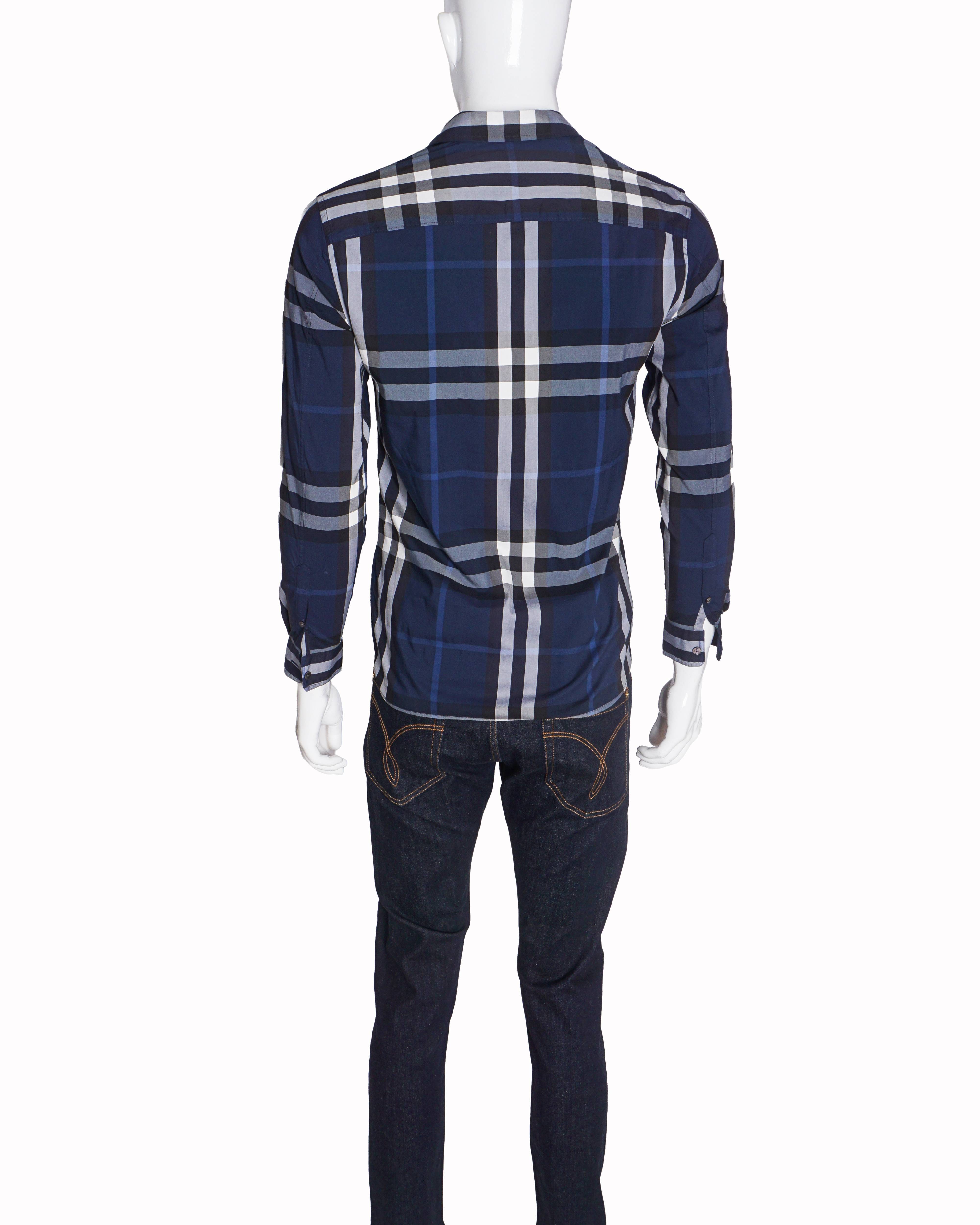 Burberry Men's Navy Blue & Grey Check Cotton Shirt