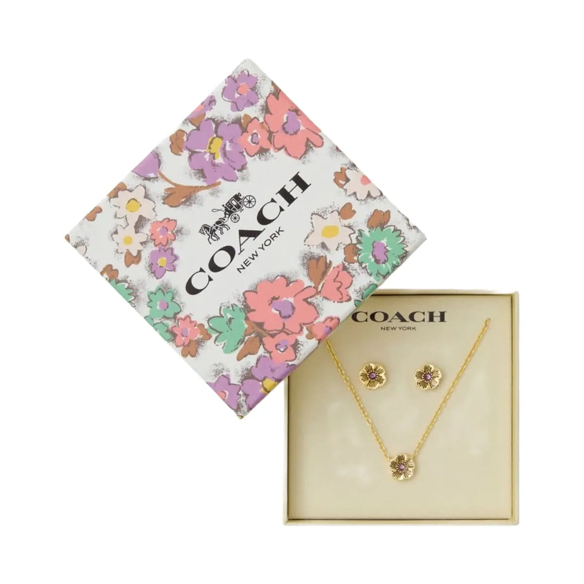 Coach Tea Rose Pendant Necklace And Earrings Gift Set Gold