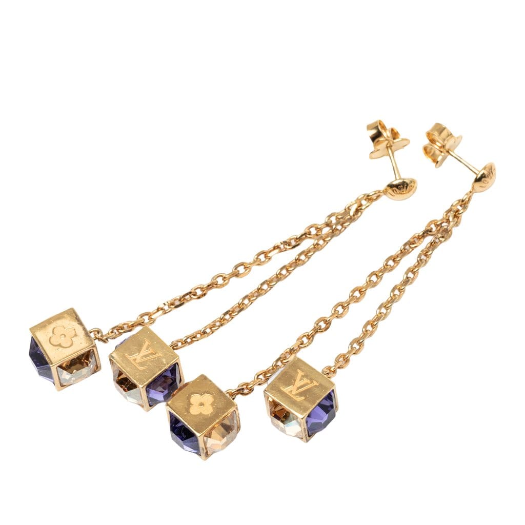 Louis Vuitton Gold Plated Strass Gamble Drop Push Back Earrings