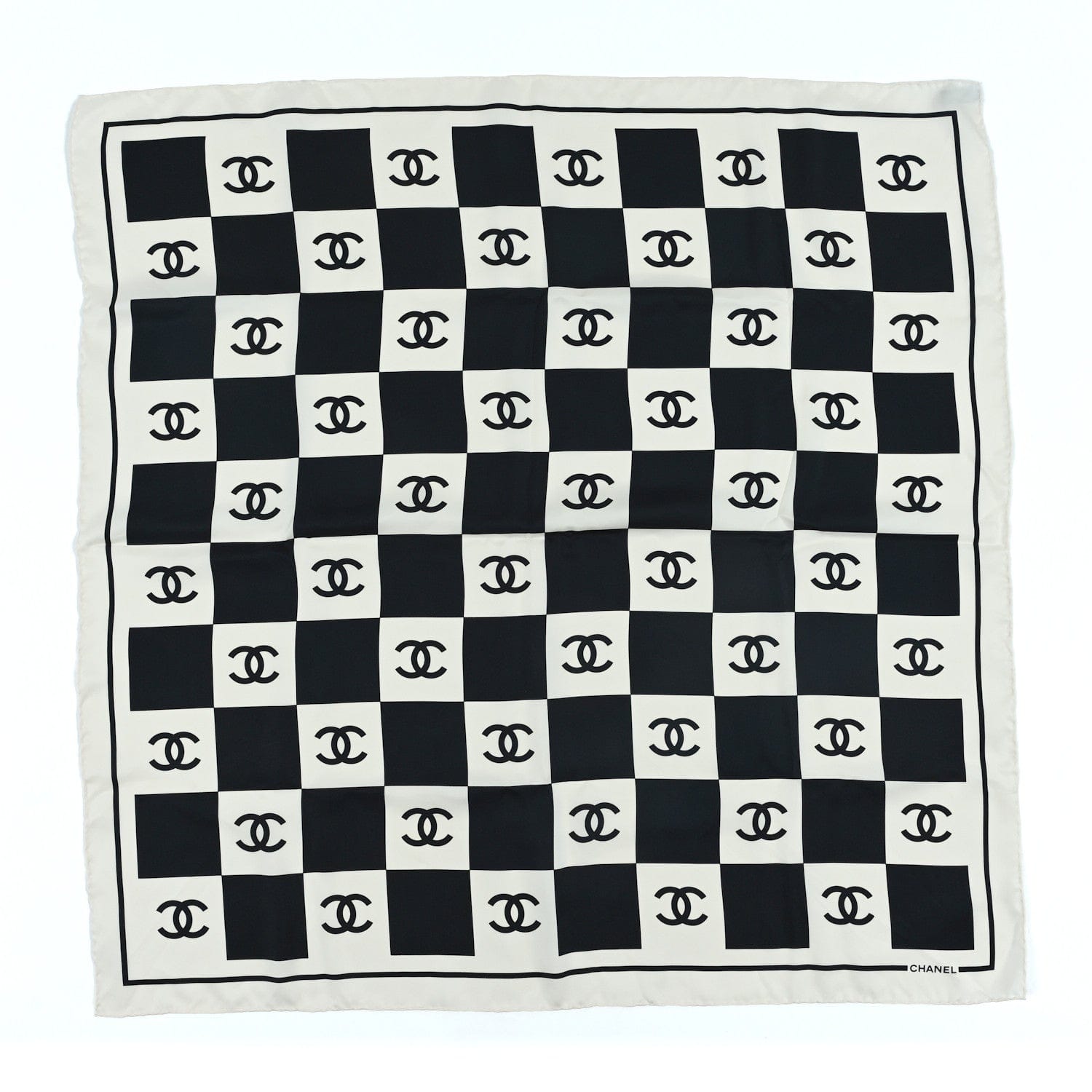 Chanel Silk CC Checkered Square Scarf Black Ecru