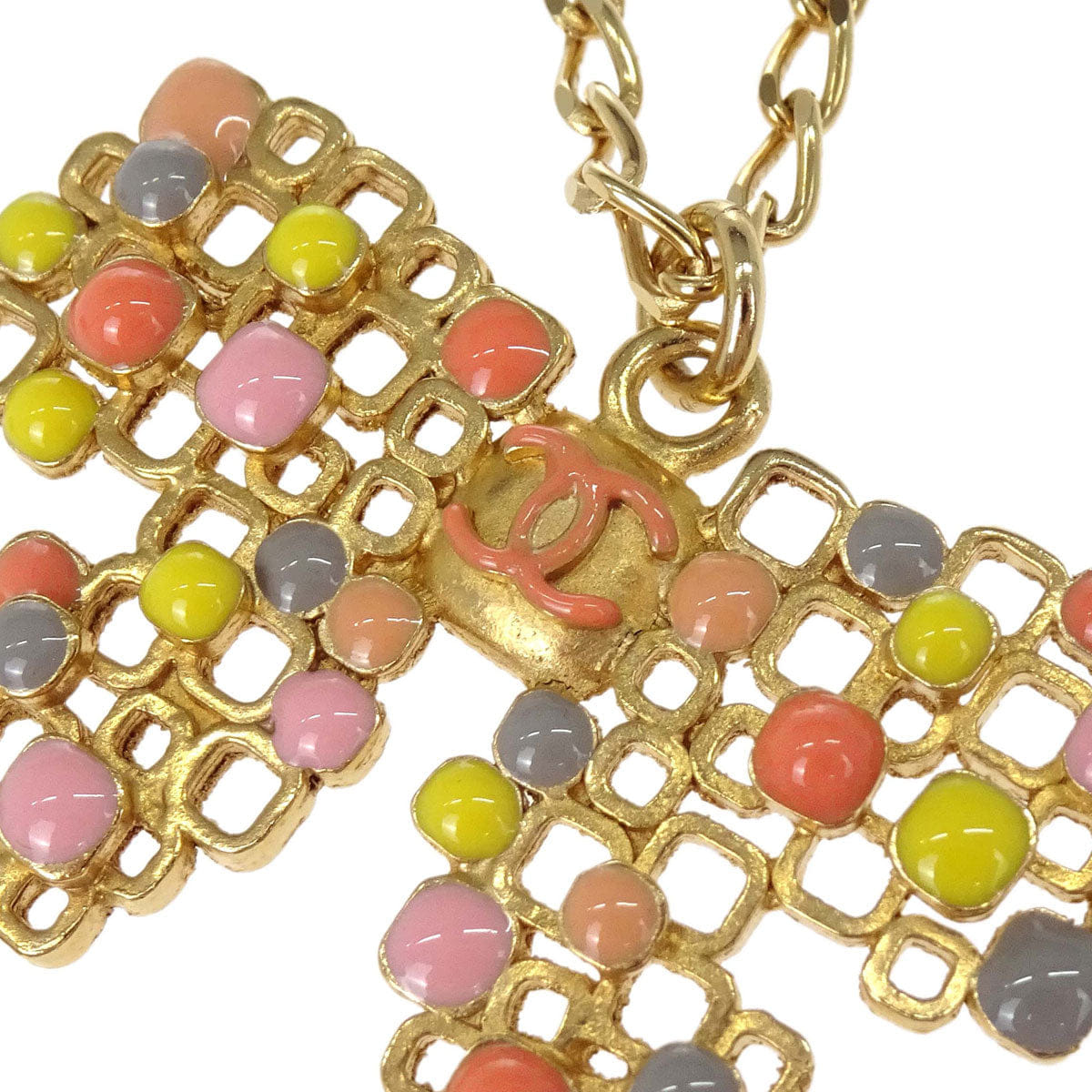 Chanel Gold Colorful CC Bow Motif Pendant Necklace 03S