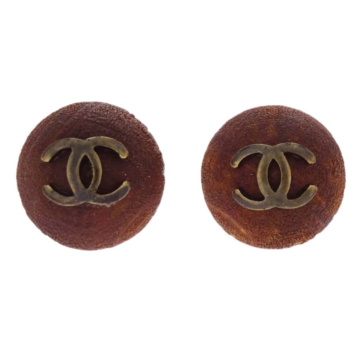 Chanel Button Pierced Earrings Wood Brown 98A