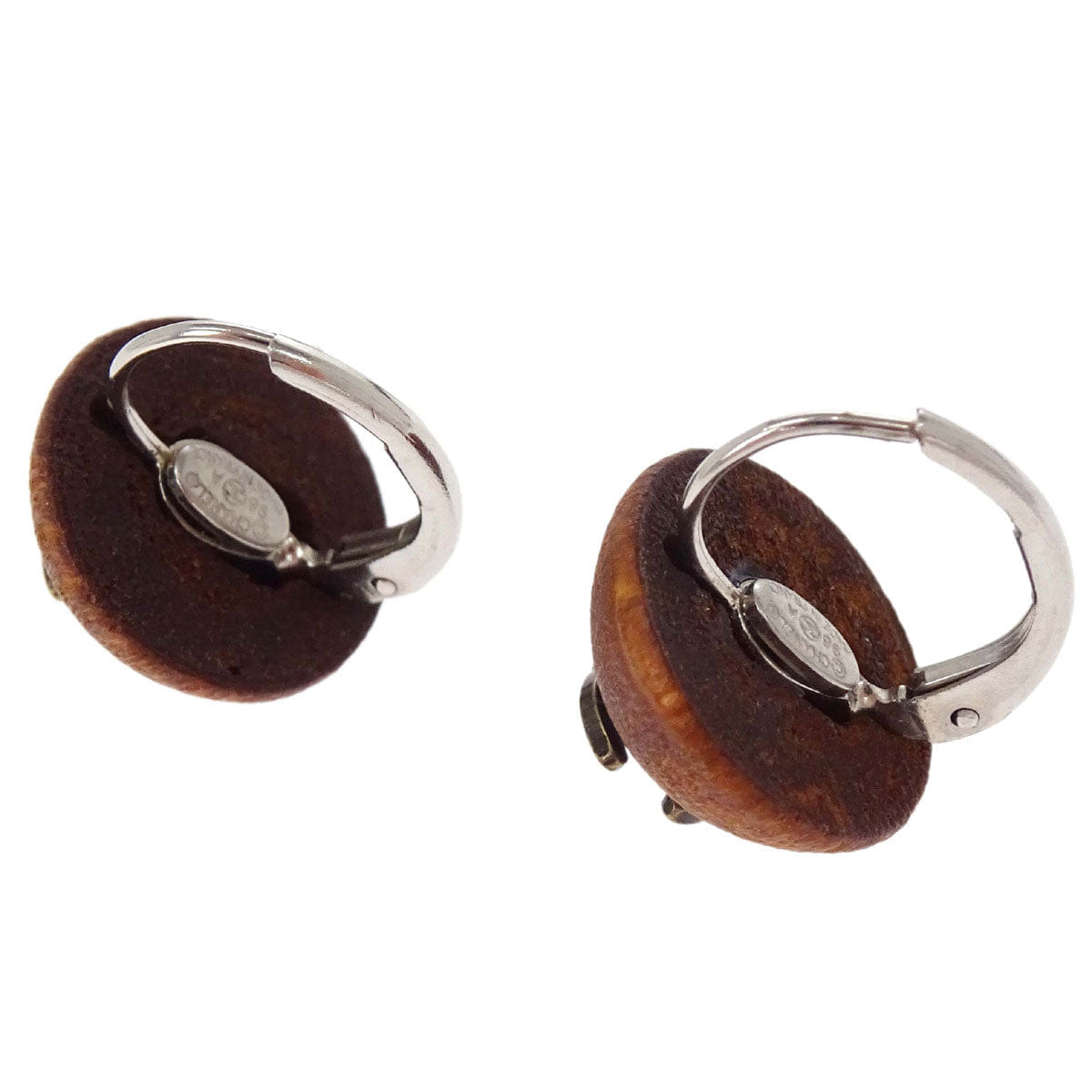Chanel Button Pierced Earrings Wood Brown 98A