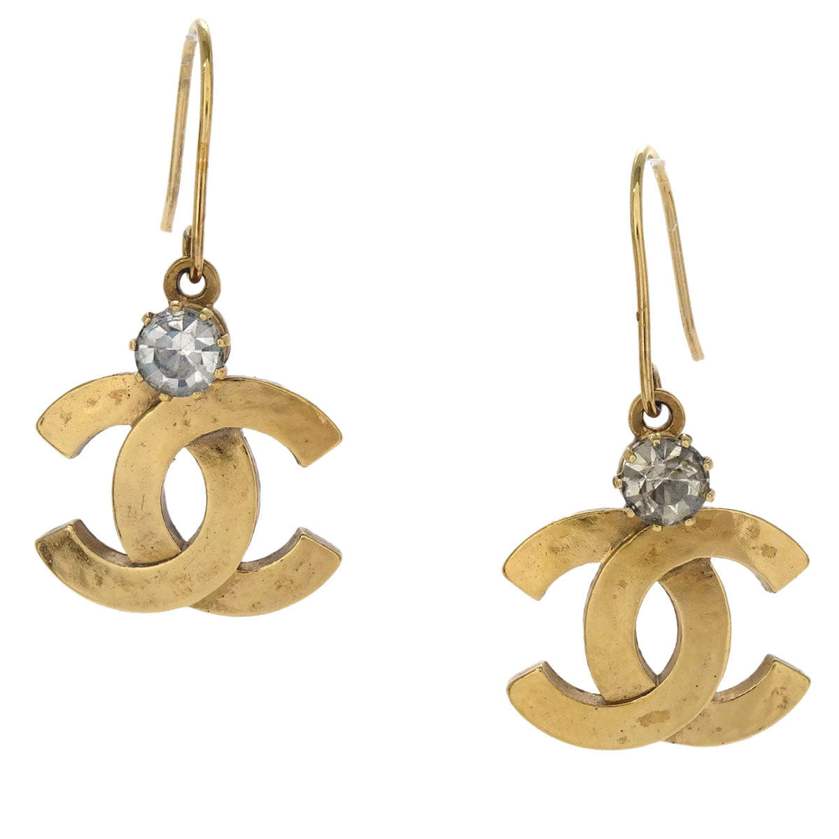 Chanel CC Dangle Pierced Earrings Gold Rhinestone 05A