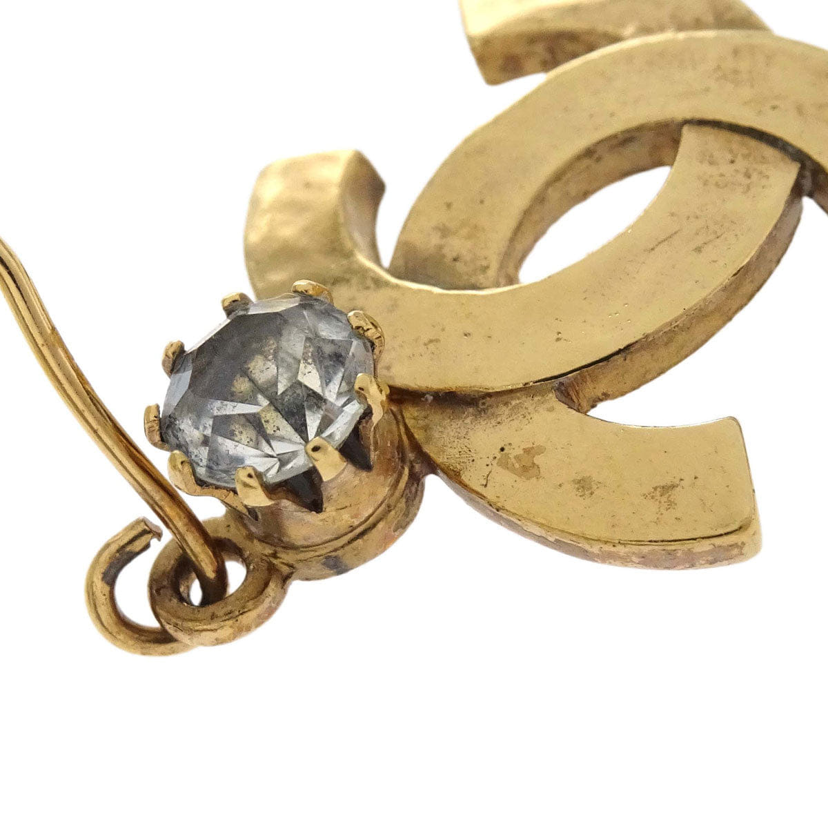 Chanel CC Dangle Pierced Earrings Gold Rhinestone 05A