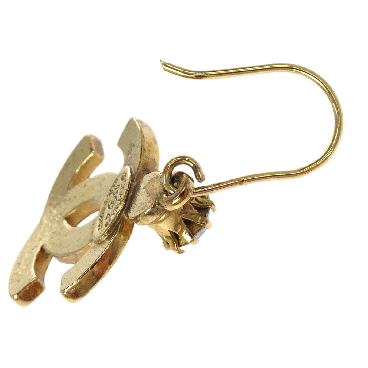 Chanel CC Dangle Pierced Earrings Gold Rhinestone 05A