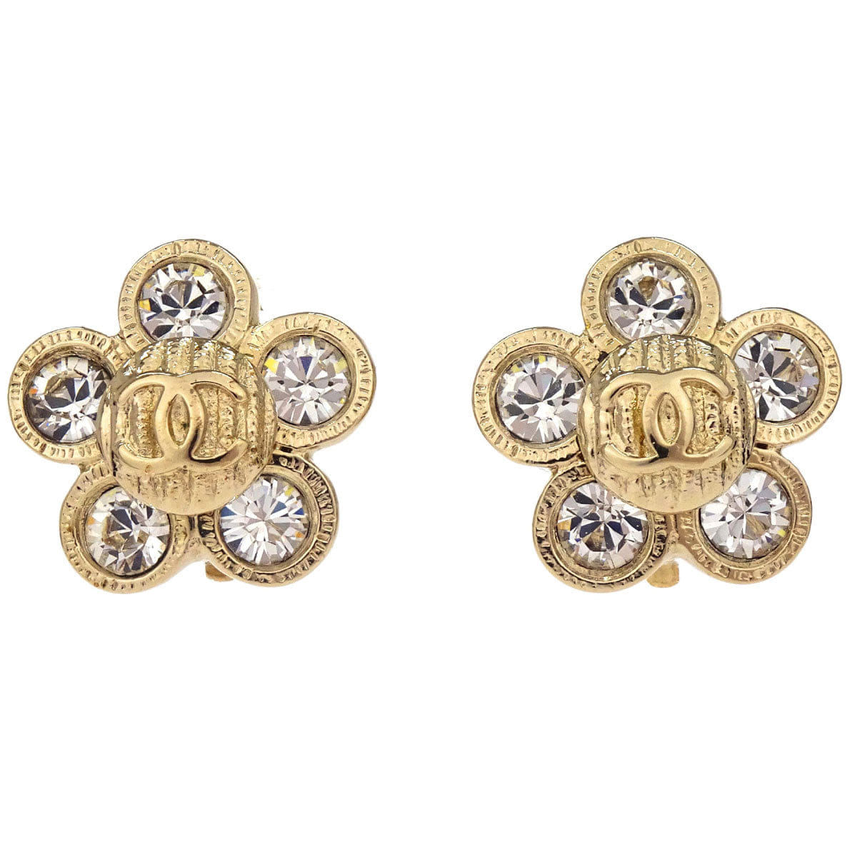 Chanel Flower Clip - On Earrings Gold Rhinestone 06A
