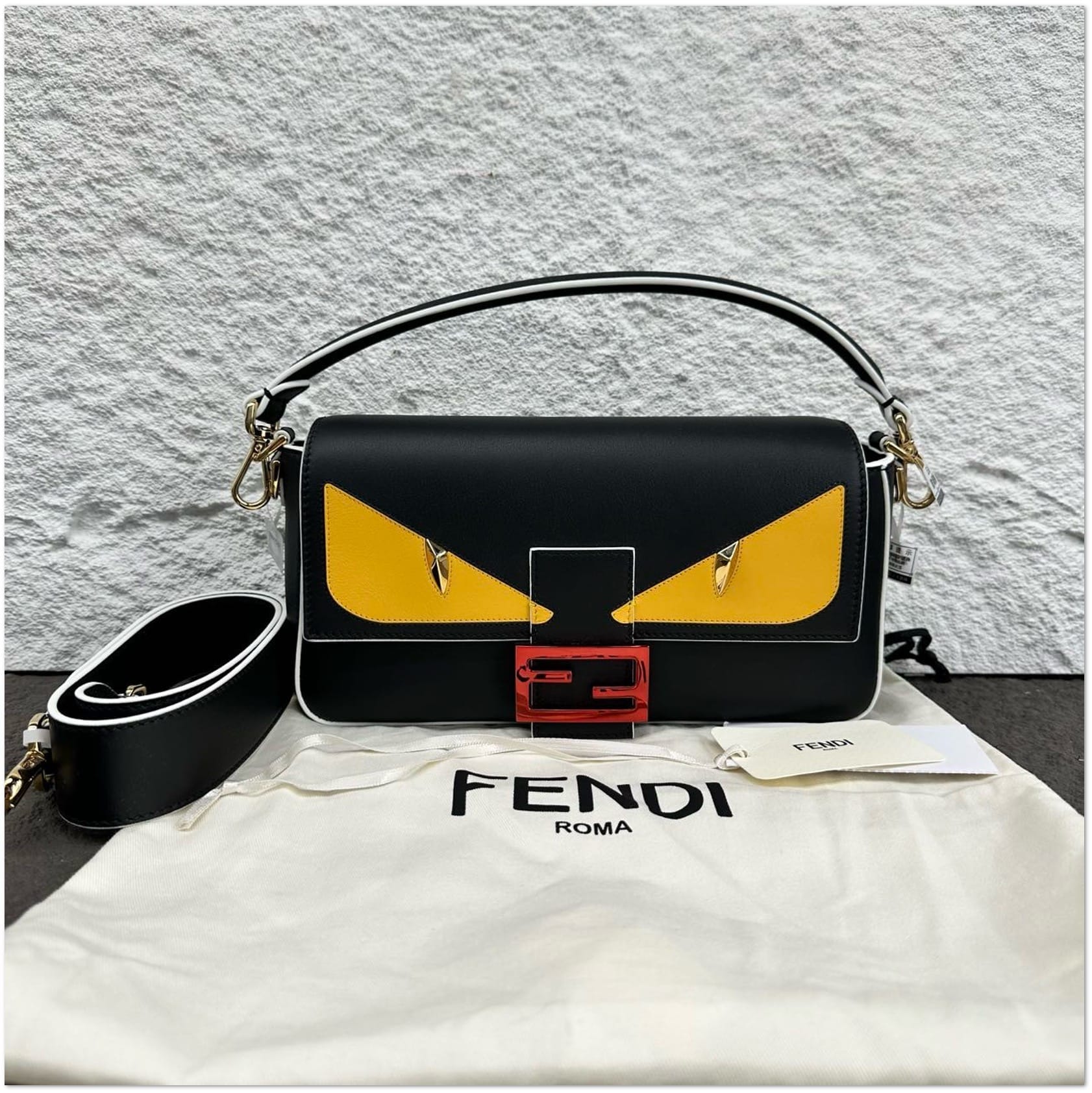 Fendi Black Leather Monster Eyes Baguette Shoulder Bag C19497141350