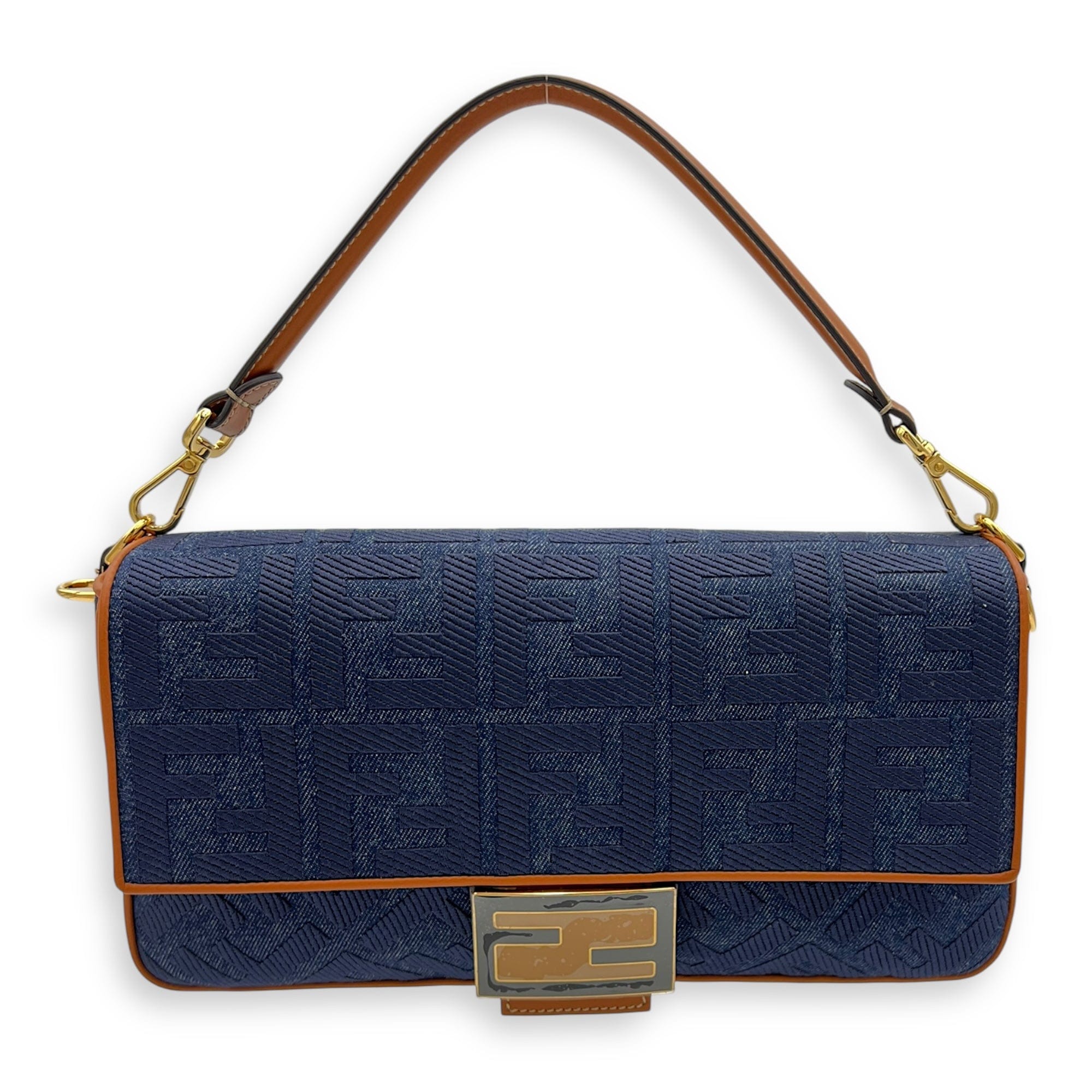 Fendi Baguette Shoulder Bag Blue in Denim, Gold hardware S2508 - 007594AN
