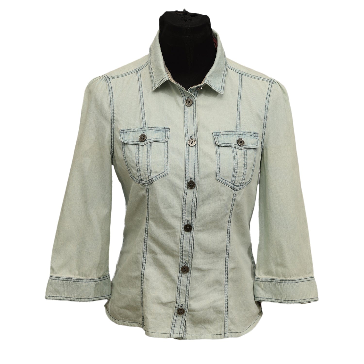 BURBERRY SIZE S WOMEN DENIM DUAL FLAP CHEST POCKETS SHIRT