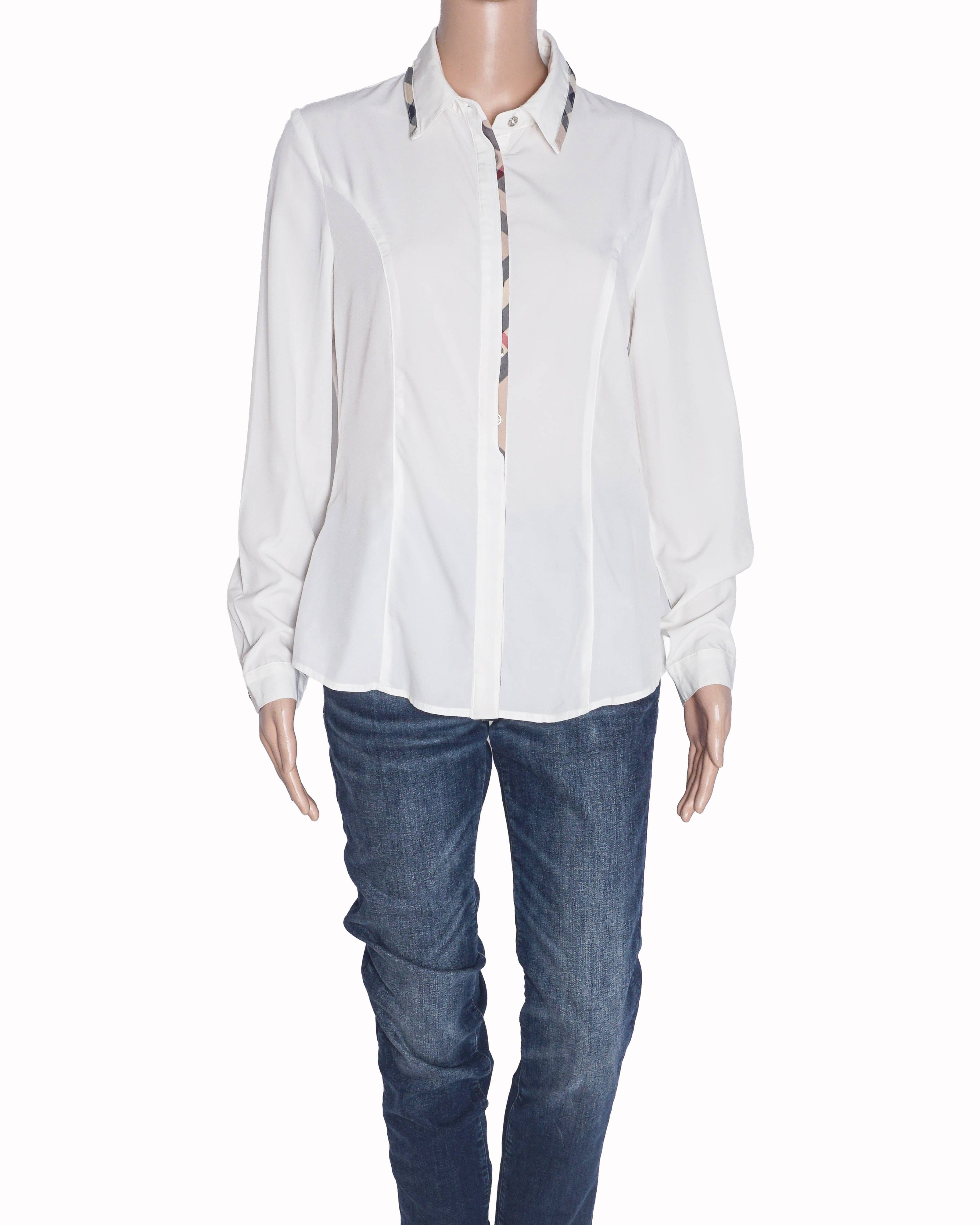 Burberry White Vintage Check Plaid Trim Shirt