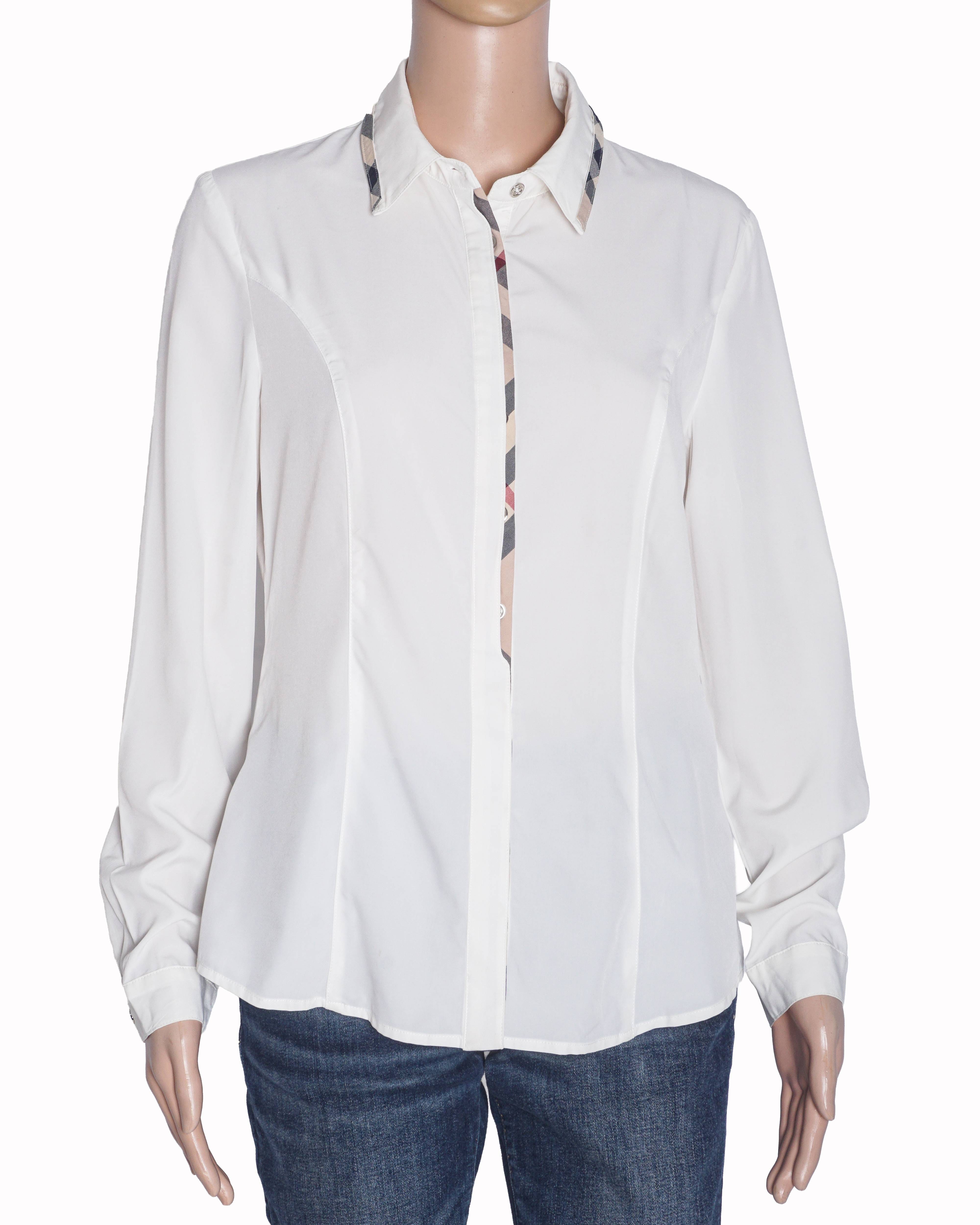 Burberry White Vintage Check Plaid Trim Shirt