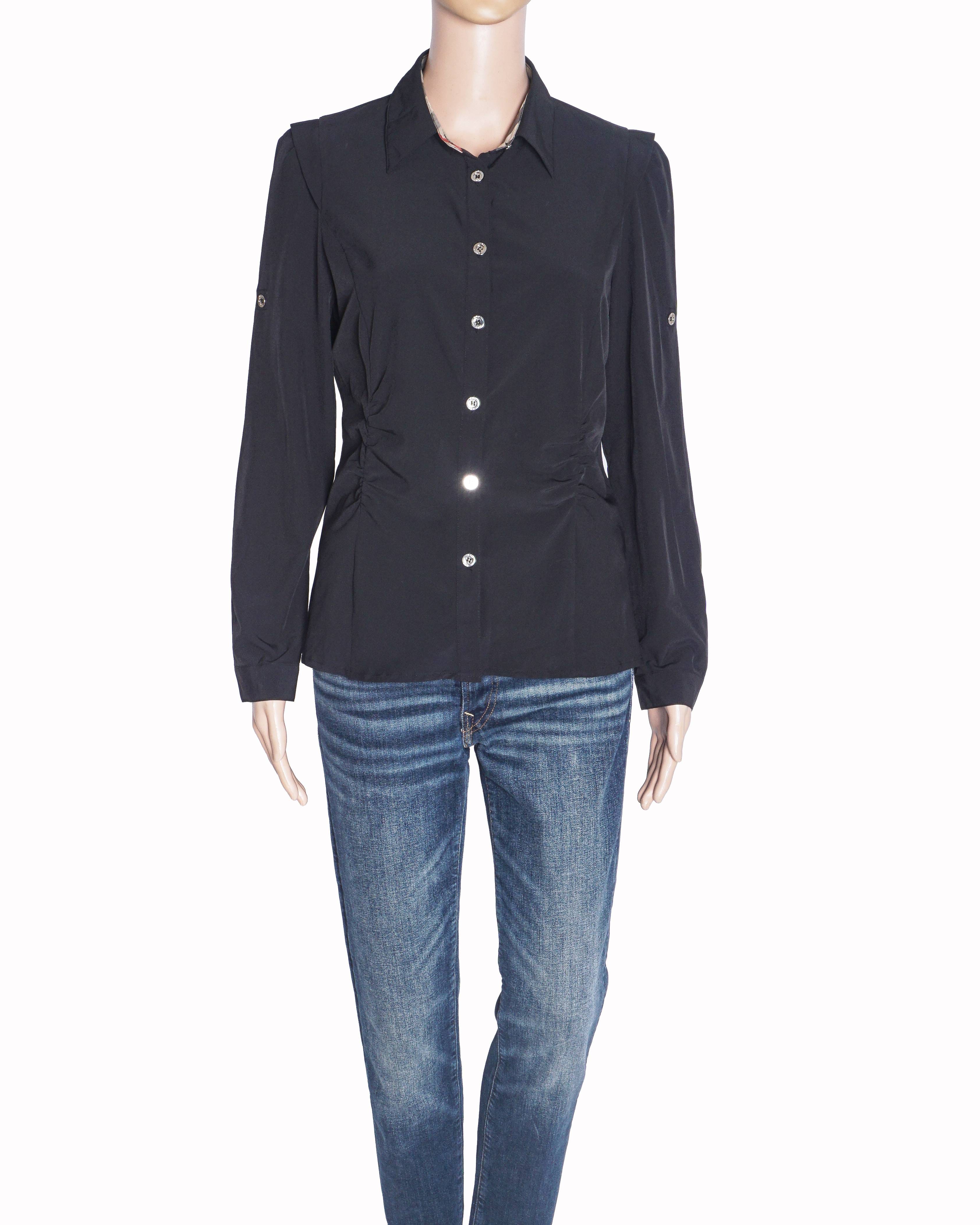 Burberry Black Vintage Check Trim Ruched Shirt