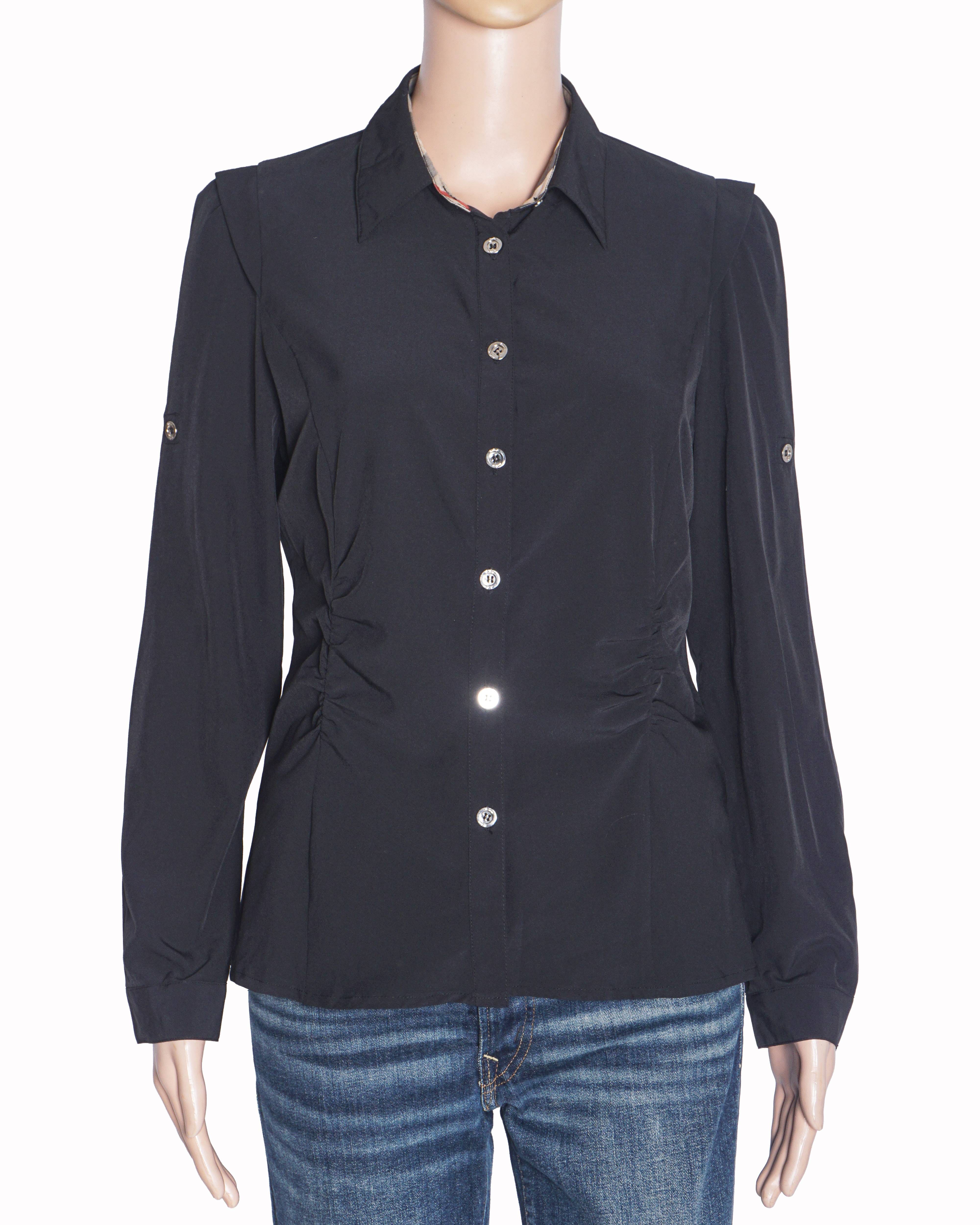 Burberry Black Vintage Check Trim Ruched Shirt