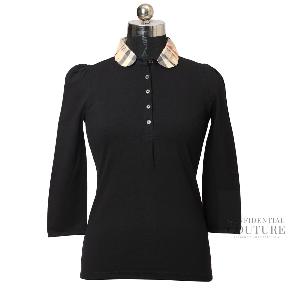 Burberry Brit Black Cotton Pique Contrast Collar Detail Long Sleeve T - Shirt | S