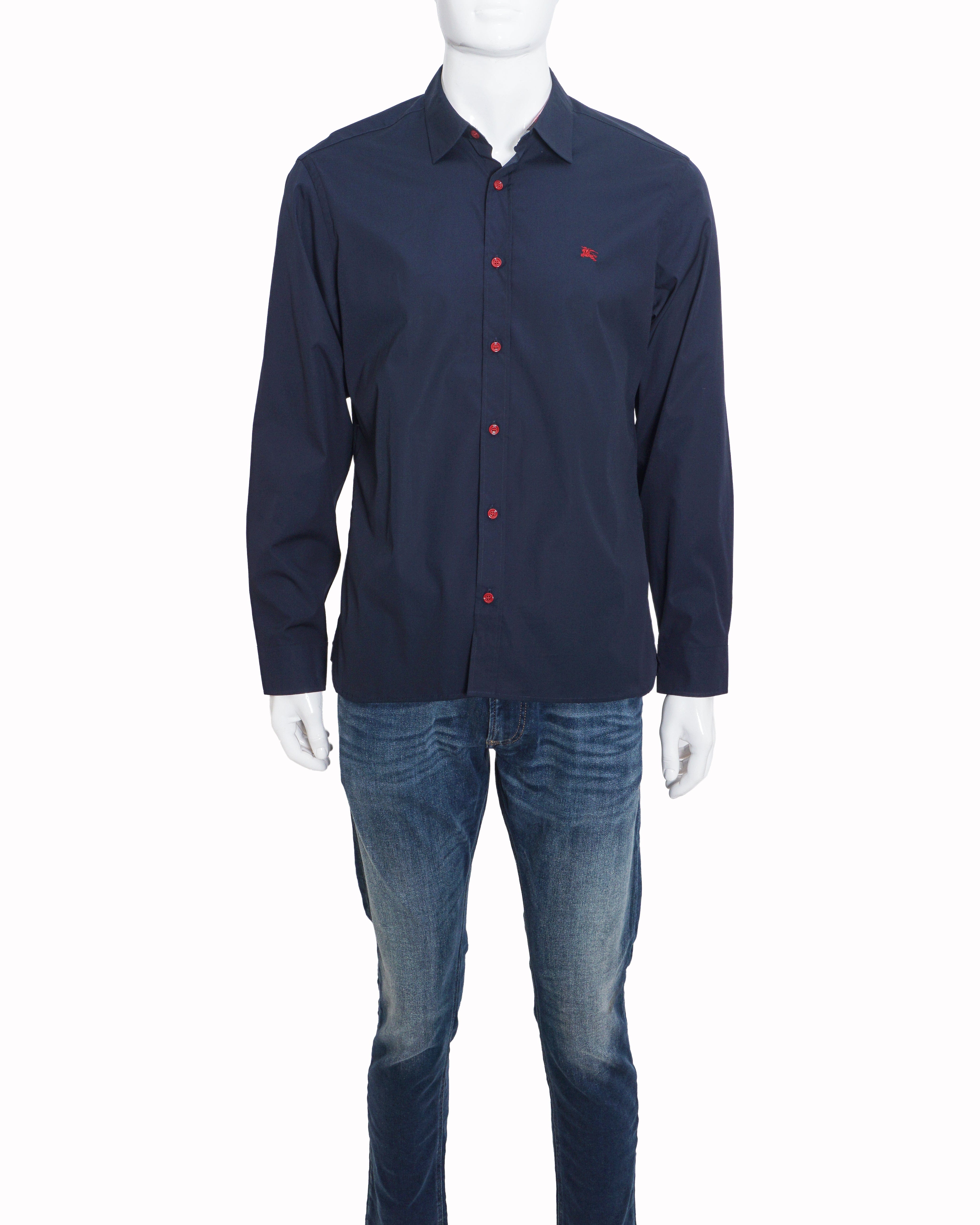 Burberry Men's Navy Cotton Red Button Equestrian Knight Shirt