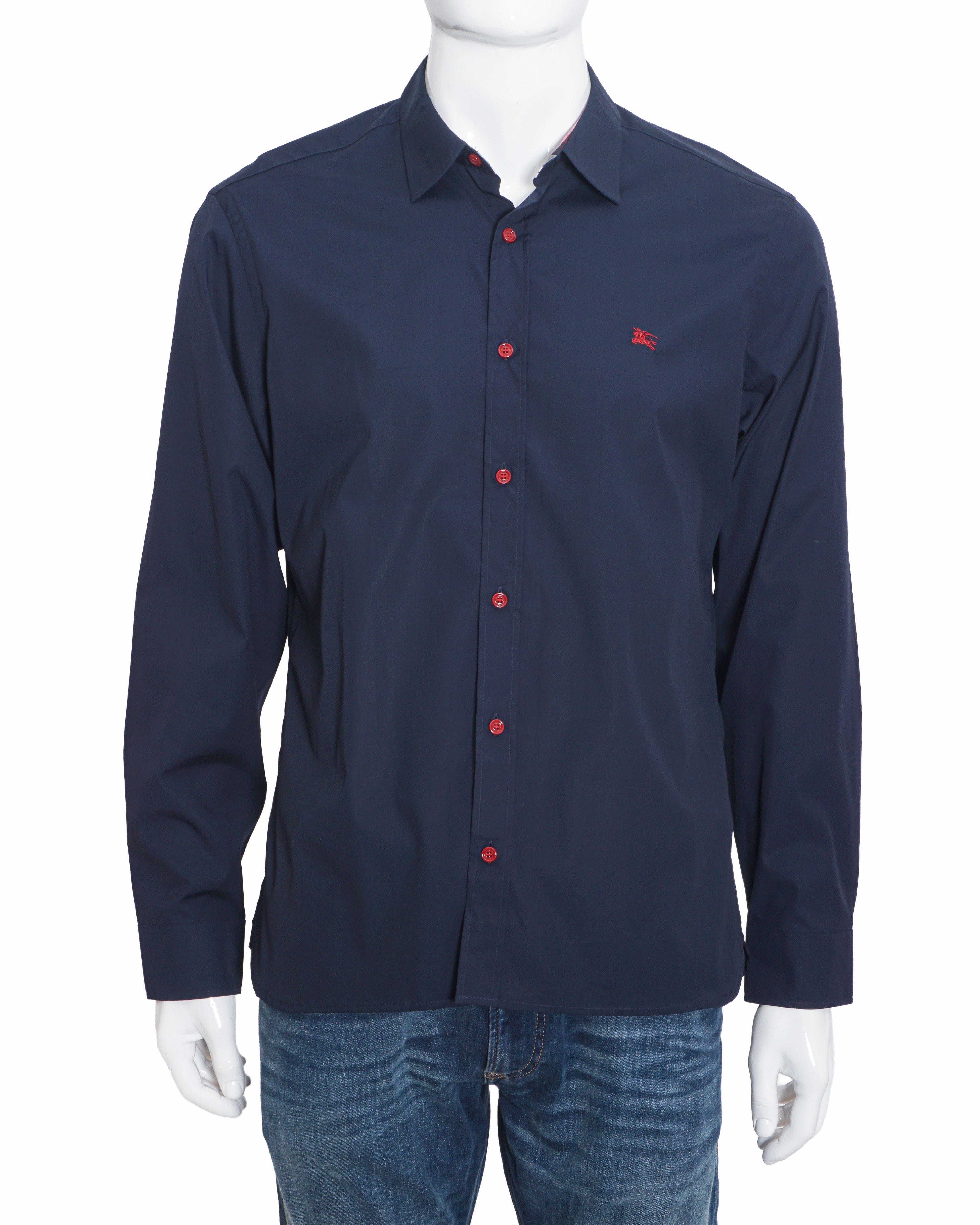 Burberry Men's Navy Cotton Red Button Equestrian Knight Shirt
