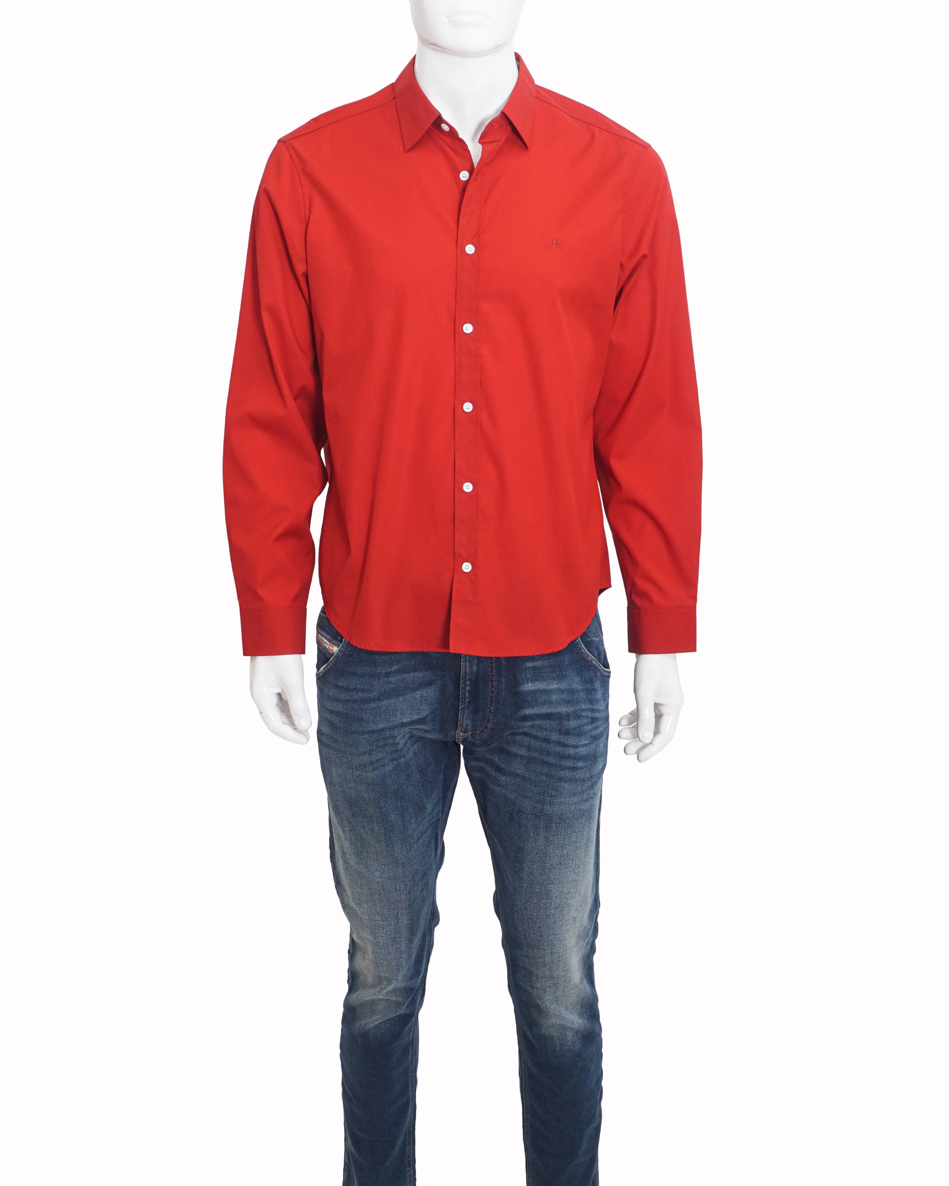 Burberry Men's Red Cotton Inner Check Accent Button - Down Shirt