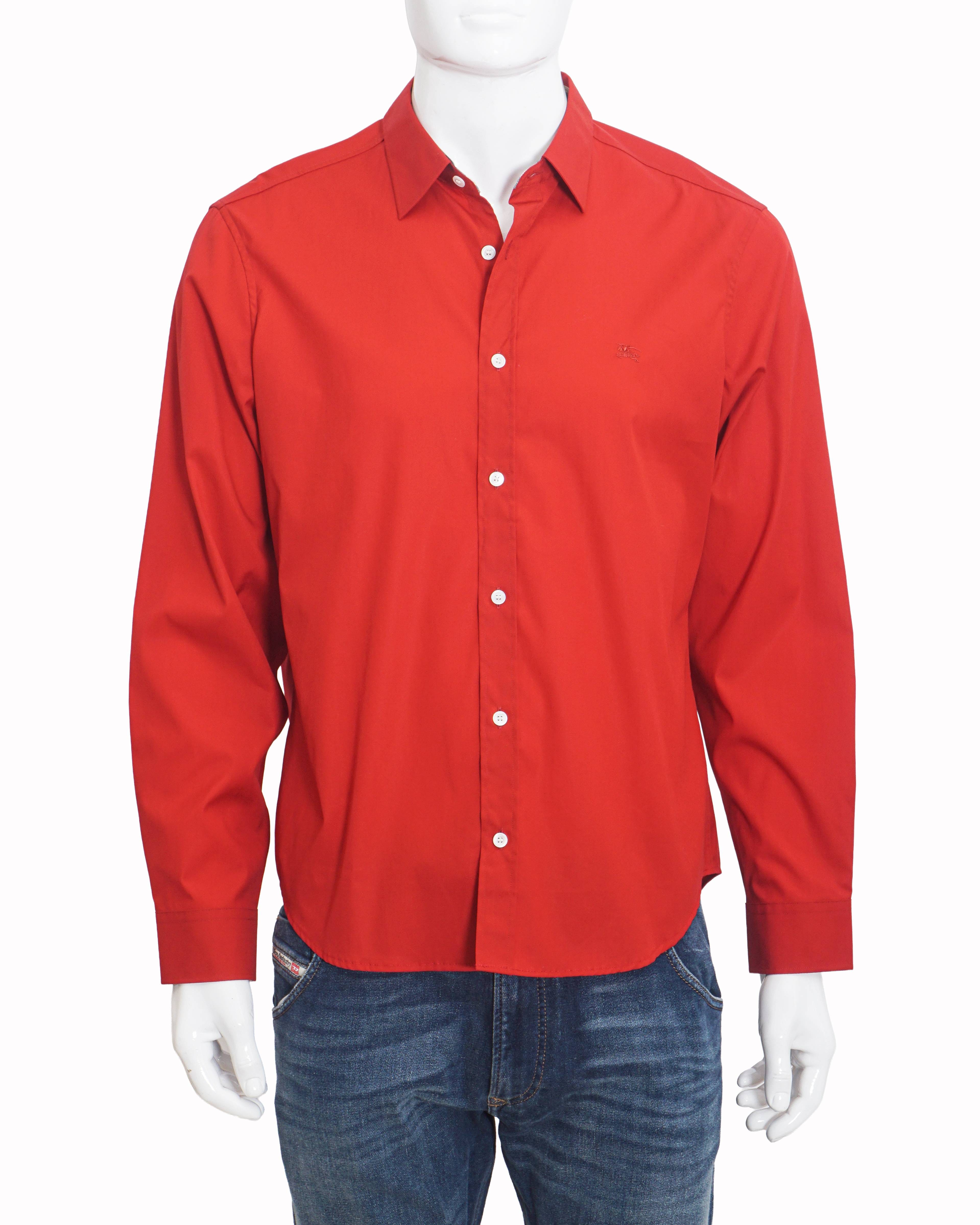 Burberry Men's Red Cotton Inner Check Accent Button - Down Shirt