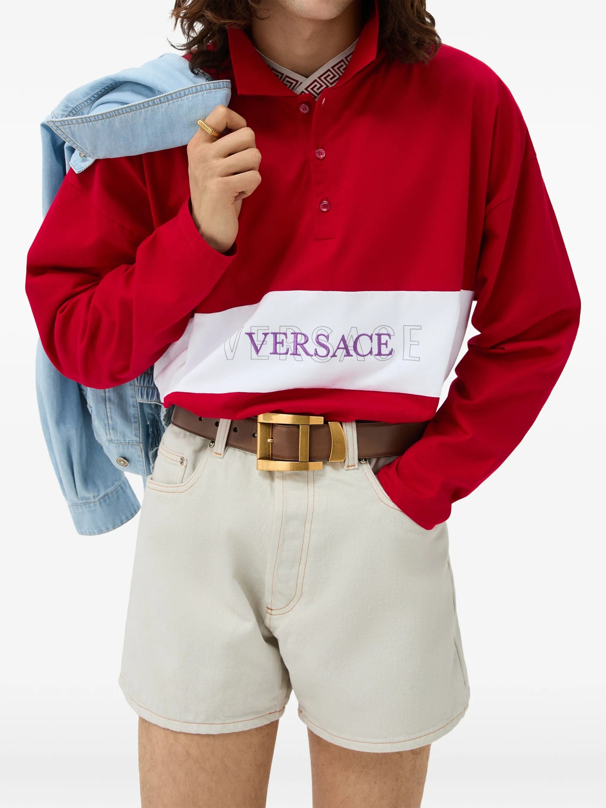 Versace embroidered - logo intarsia cotton - jersey polo
