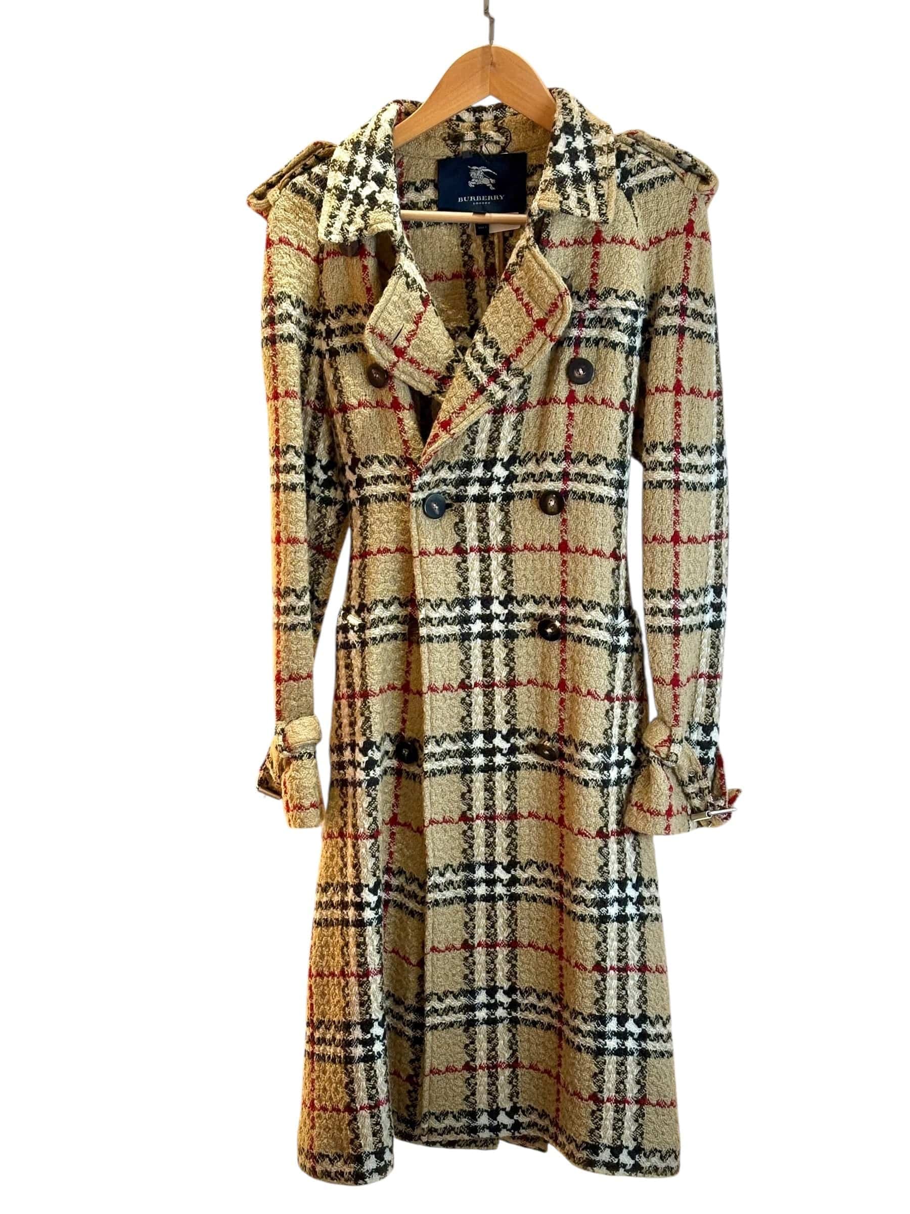 Burberry Trench Coat Check Tweed Wool Size 10#