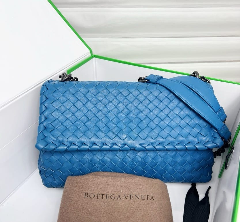 Bottega Veneta Blue Intrecciato Leather Chain Flap Bag C19489325210