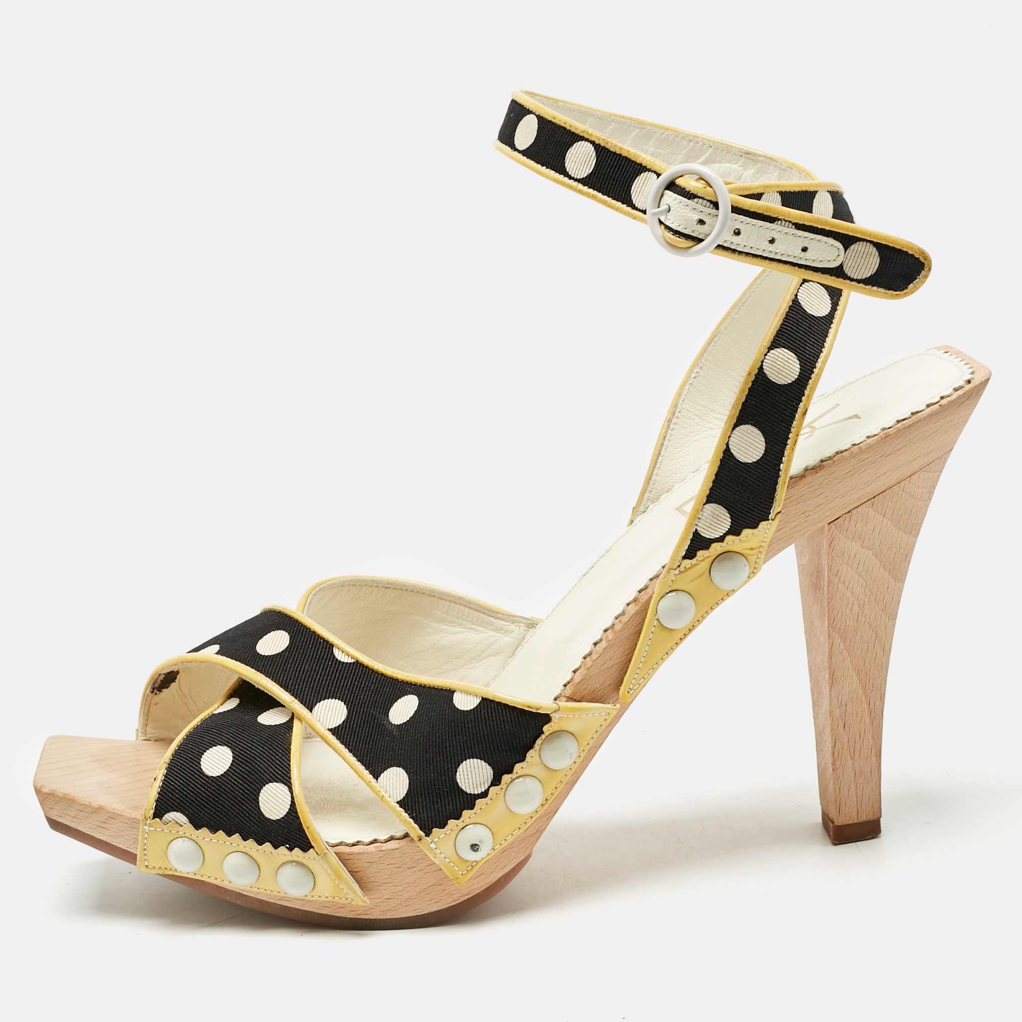 Saint Laurent Cream/black Polka Dot Printed Fabric And Leather Wooden Sandals