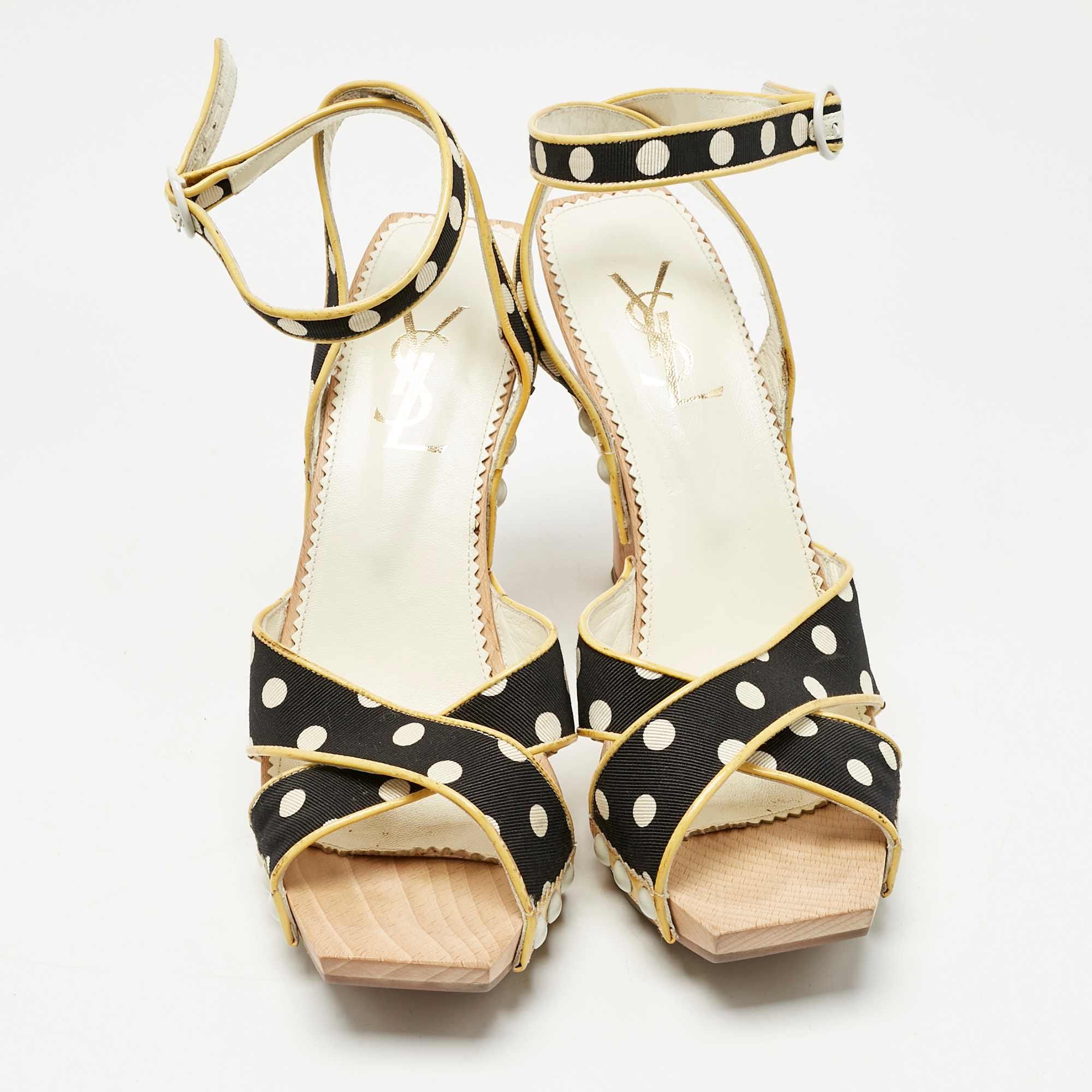 Saint Laurent Cream/black Polka Dot Printed Fabric And Leather Wooden Sandals