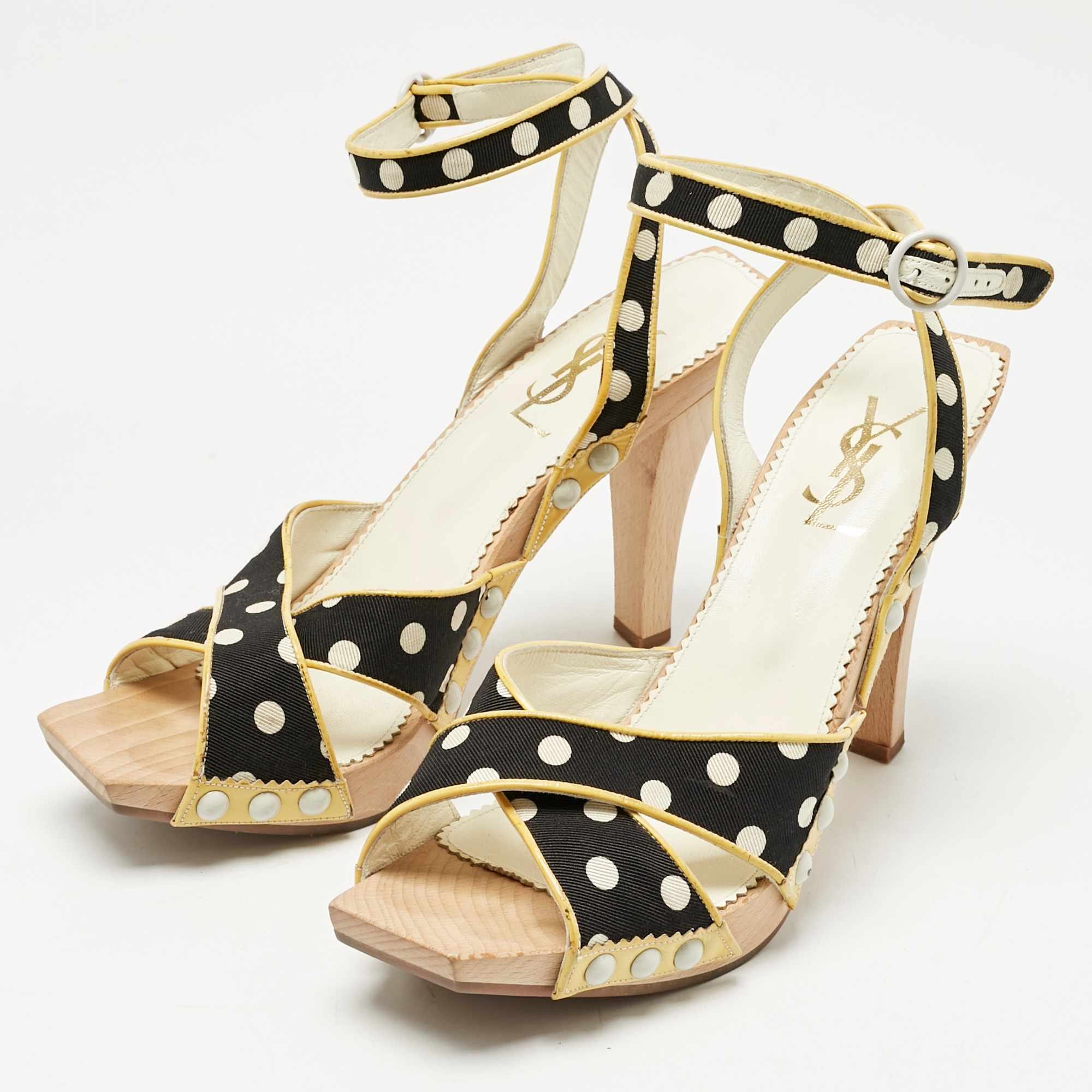 Saint Laurent Cream/black Polka Dot Printed Fabric And Leather Wooden Sandals