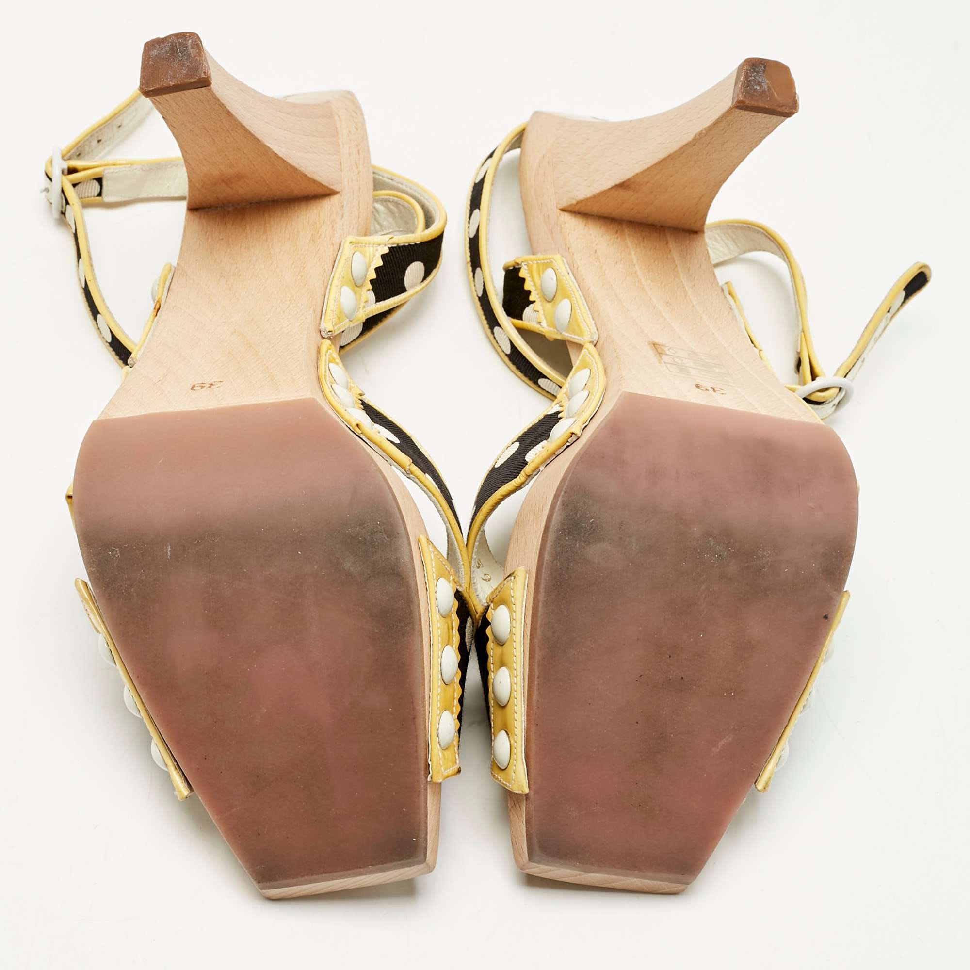Saint Laurent Cream/black Polka Dot Printed Fabric And Leather Wooden Sandals