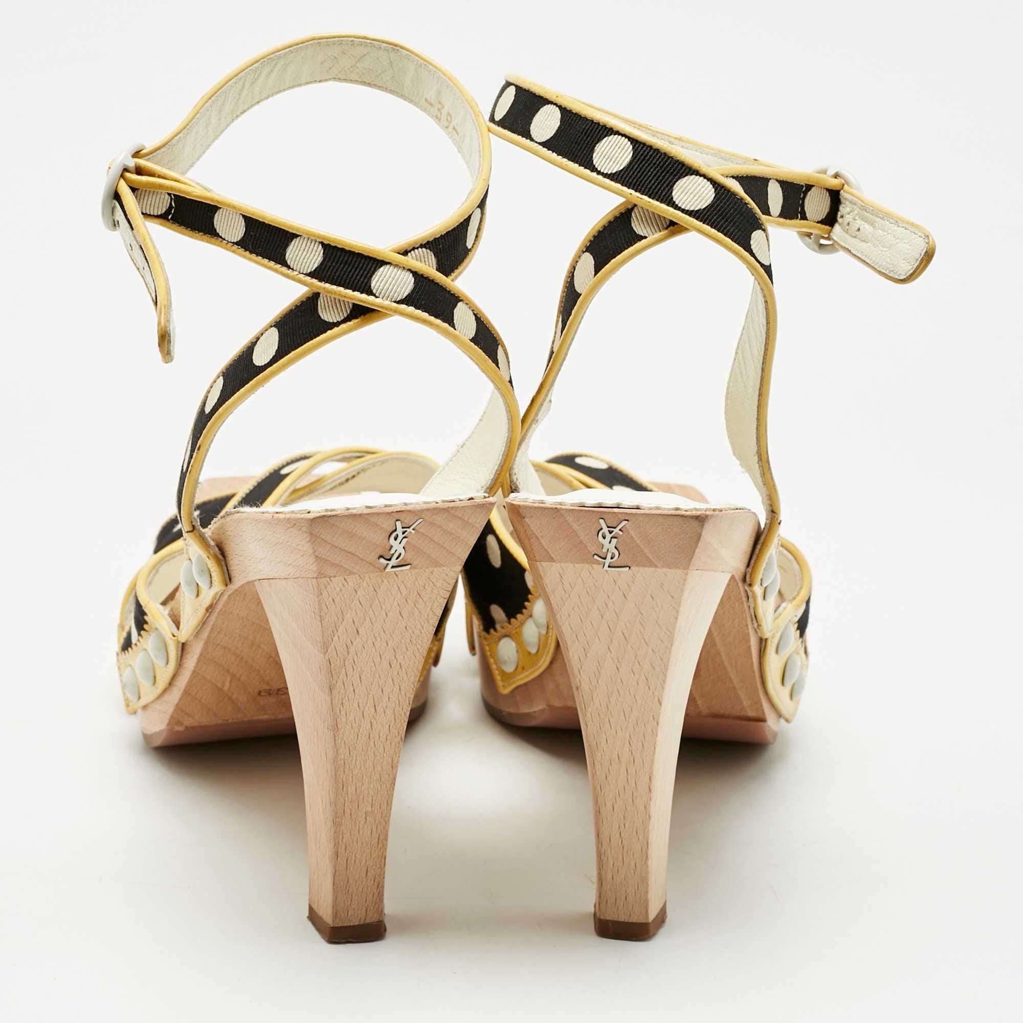 Saint Laurent Cream/black Polka Dot Printed Fabric And Leather Wooden Sandals