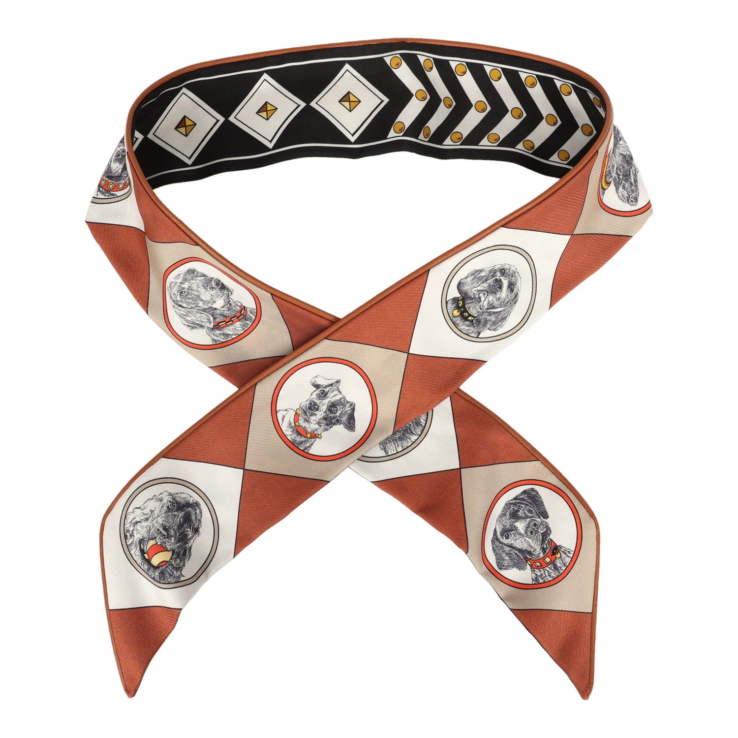 Hermes Colliers et Chiens Forever Black, Blanc, Caramel Leather Trim Silk Twilly
