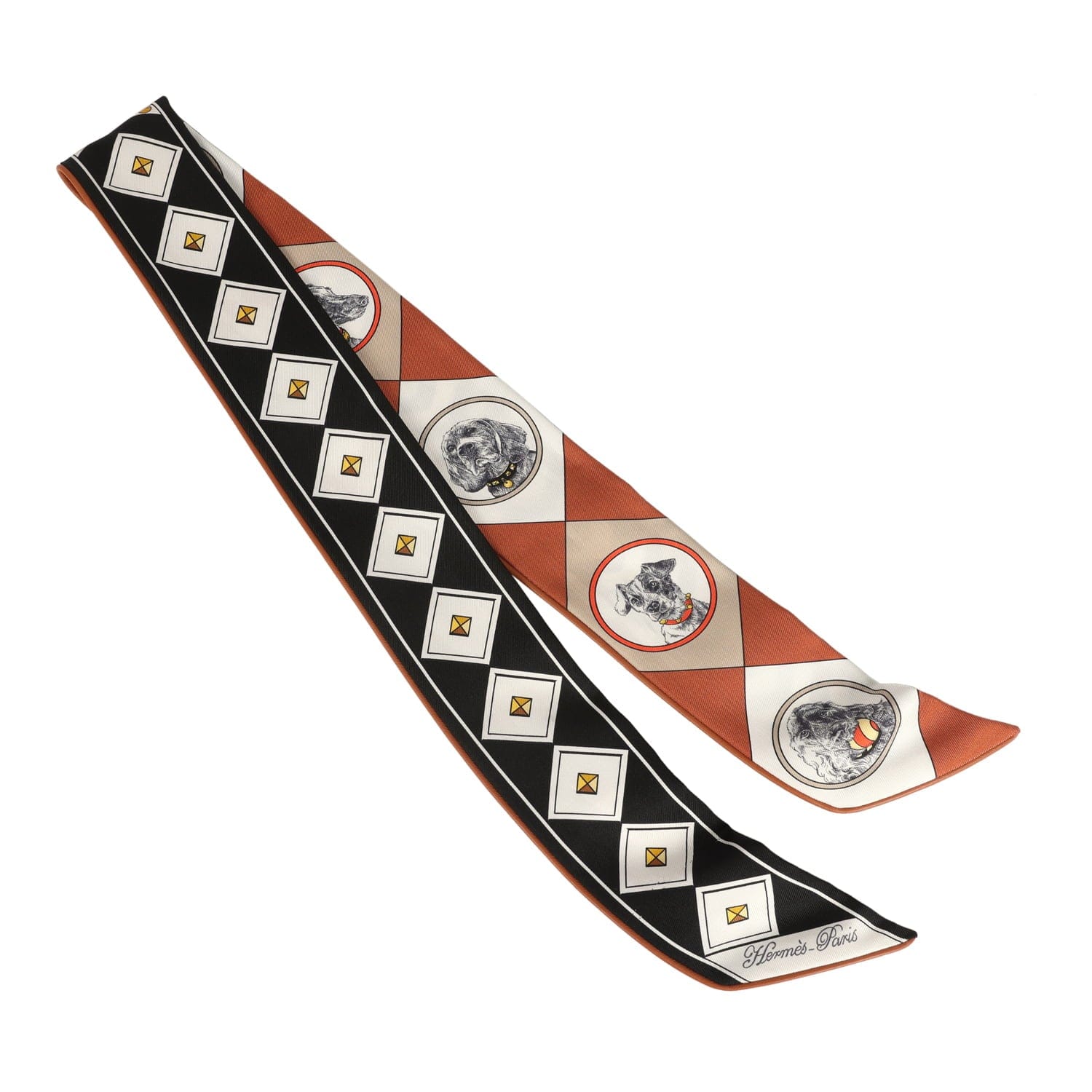Hermes Colliers et Chiens Forever Black, Blanc, Caramel Leather Trim Silk Twilly