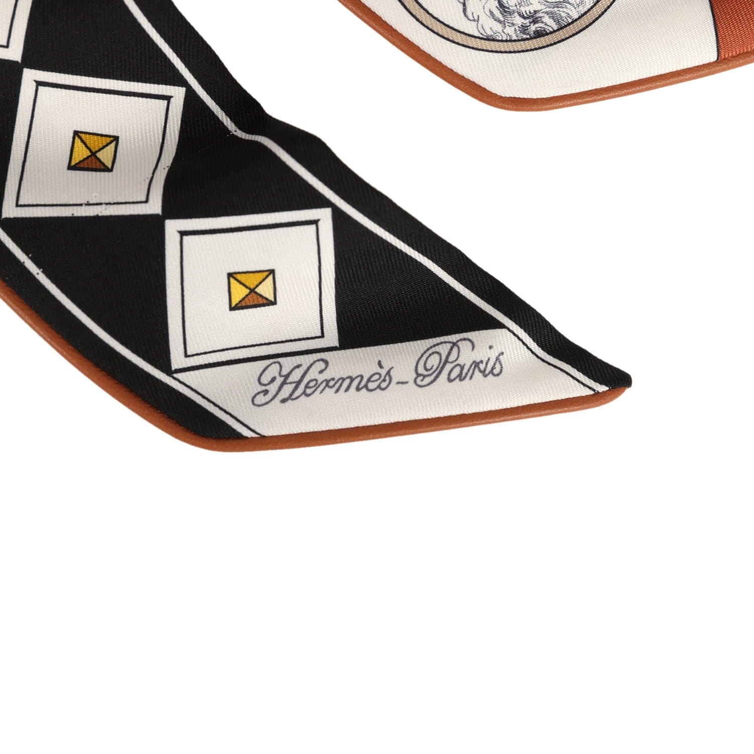 Hermes Colliers et Chiens Forever Black, Blanc, Caramel Leather Trim Silk Twilly